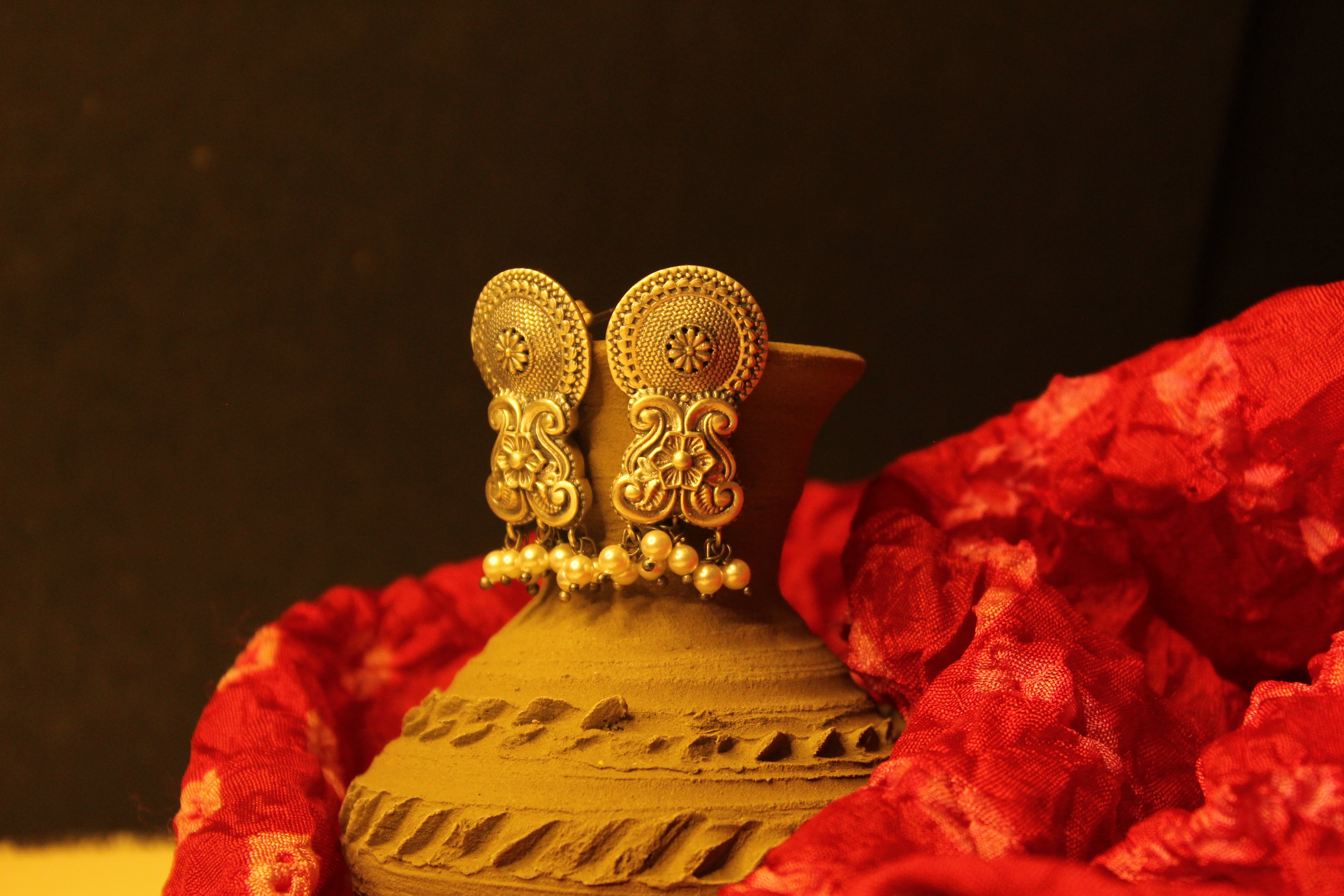 Oxidised Earrings with Pearl Drops