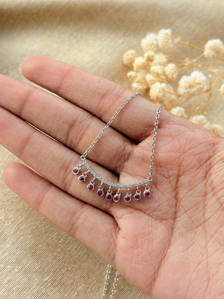 Silver Arc Red Stone Necklace (With Chain)