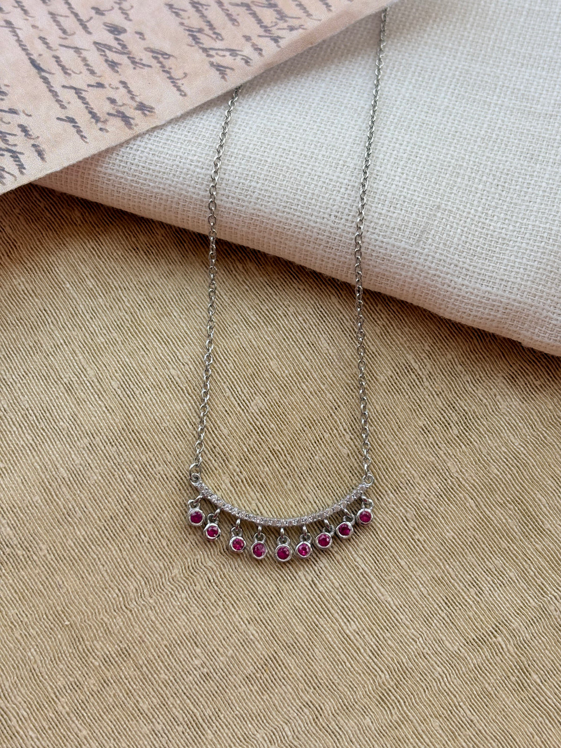 Silver Arc Red Stone Necklace (With Chain)