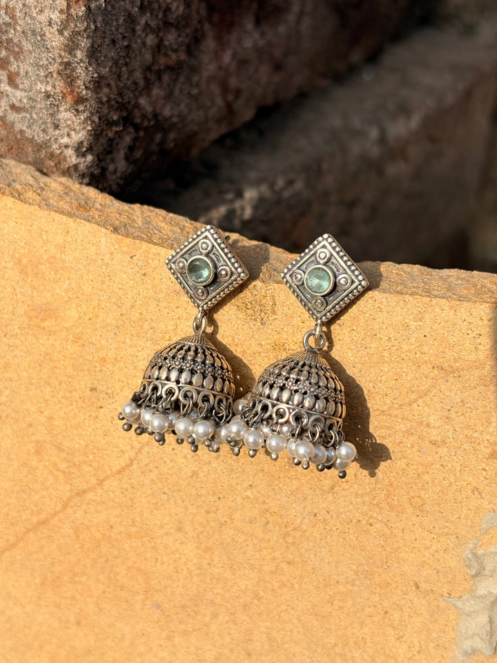 Classic Oxidised Silver Earrings With pearl Beads