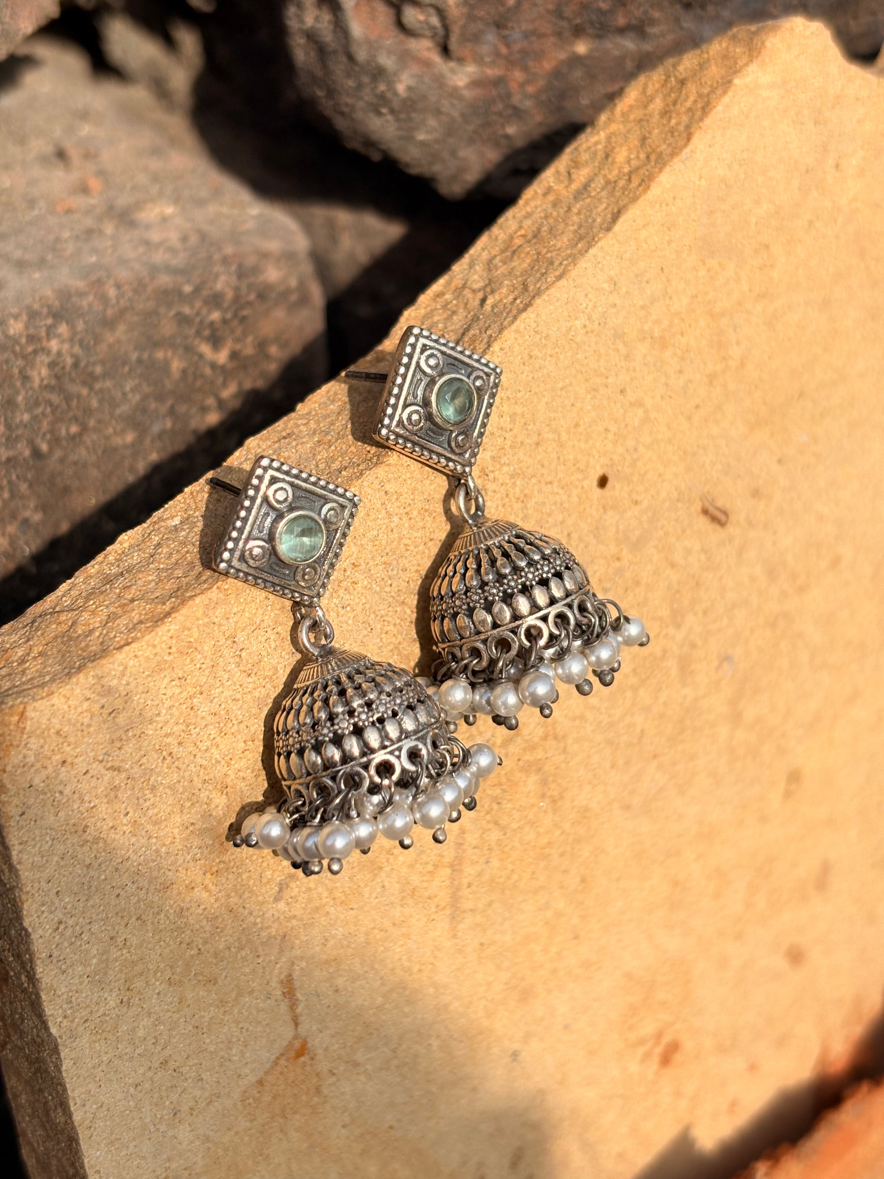 Classic Oxidised Silver Earrings With pearl Beads