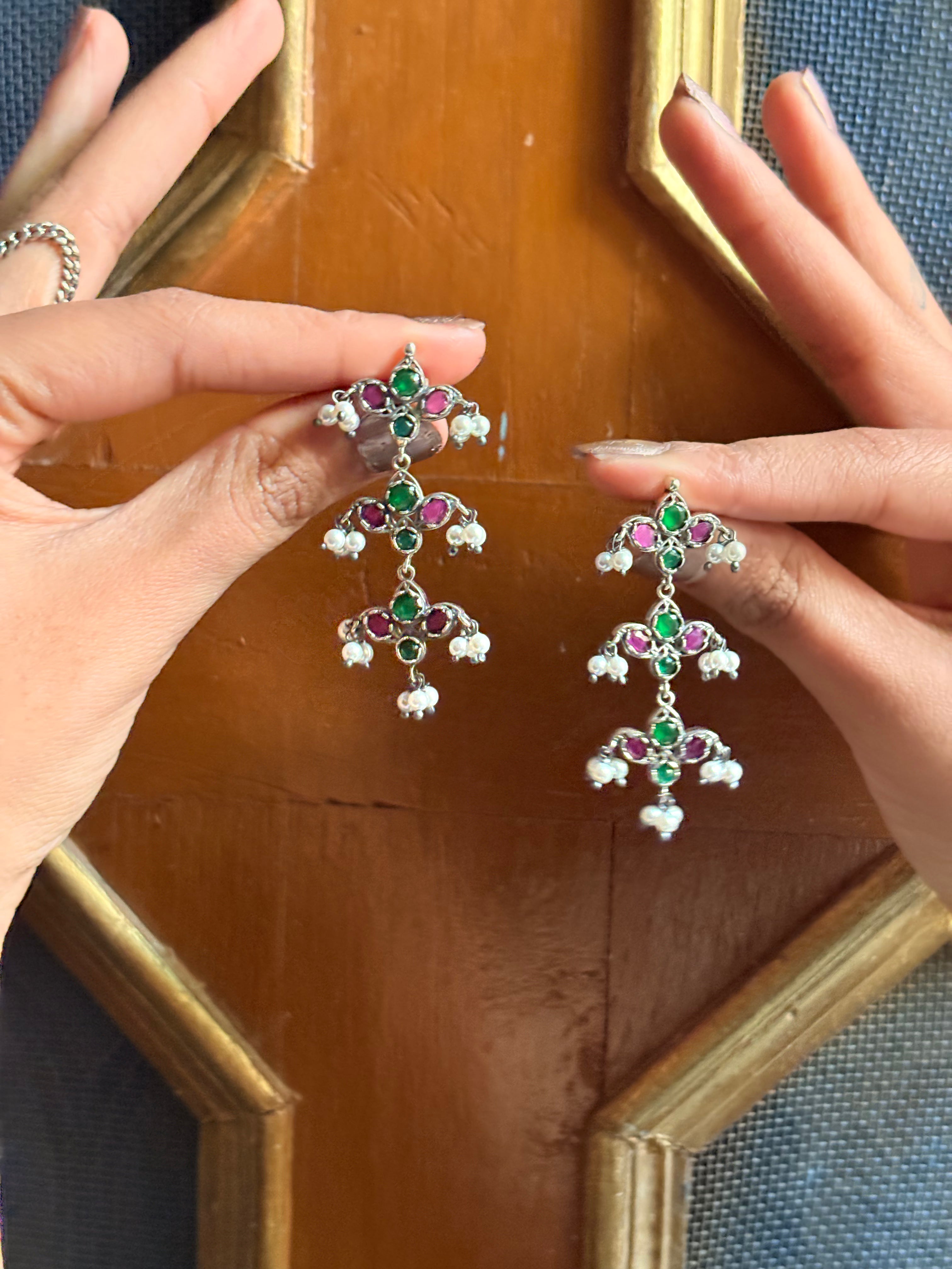 Geometric Charm Oxidised Silver Earrings