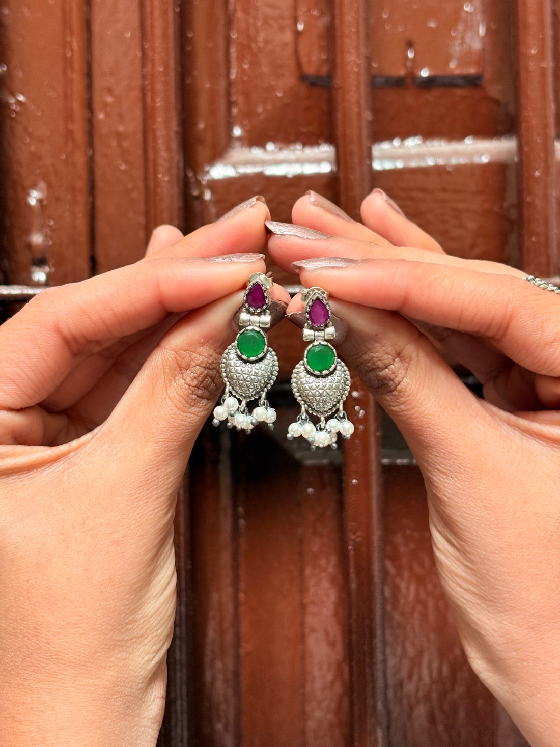 Elegant Temple-Inspired Oxidised Silver Earrings