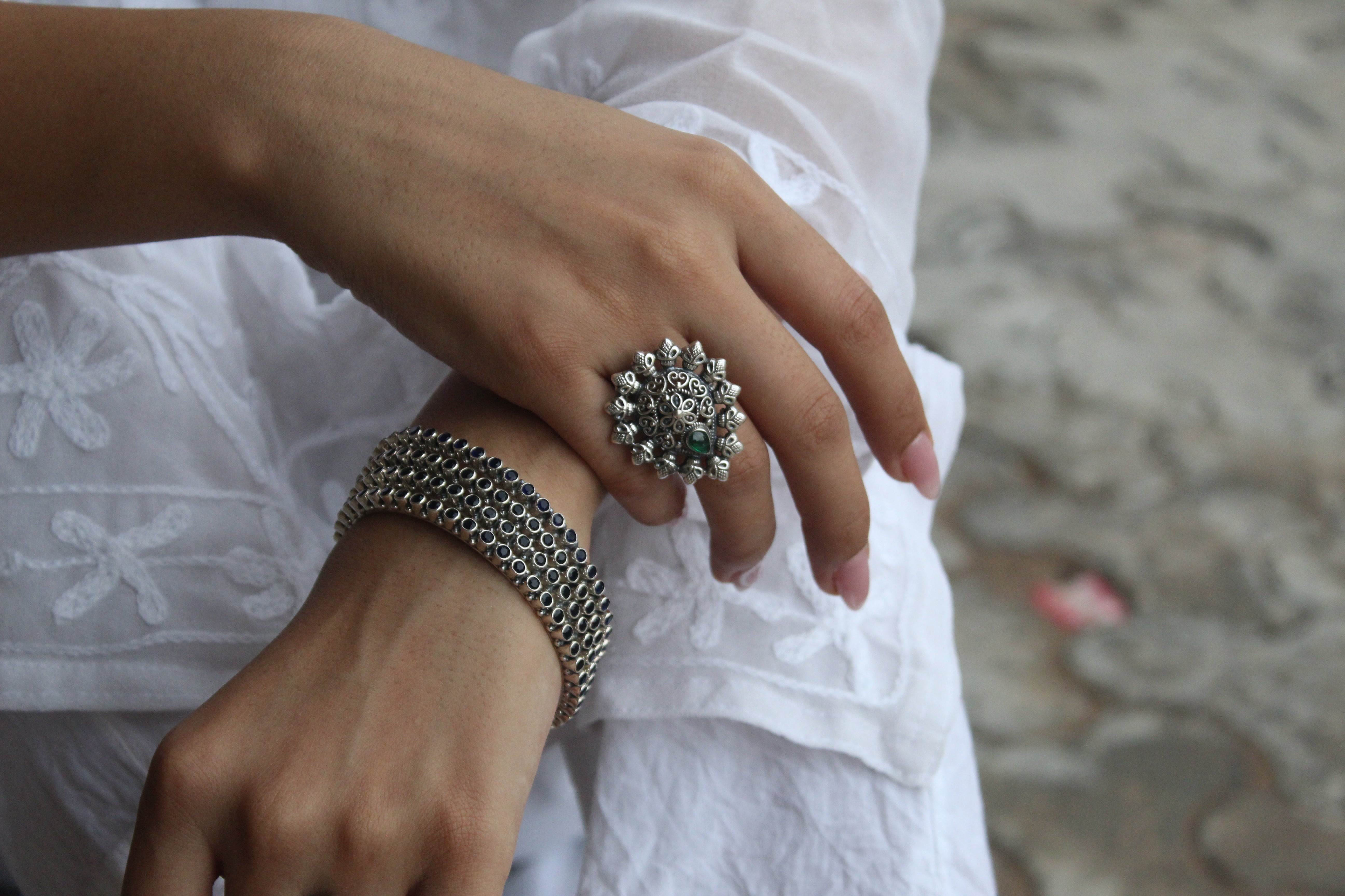 silver Emerald Devi ring 
