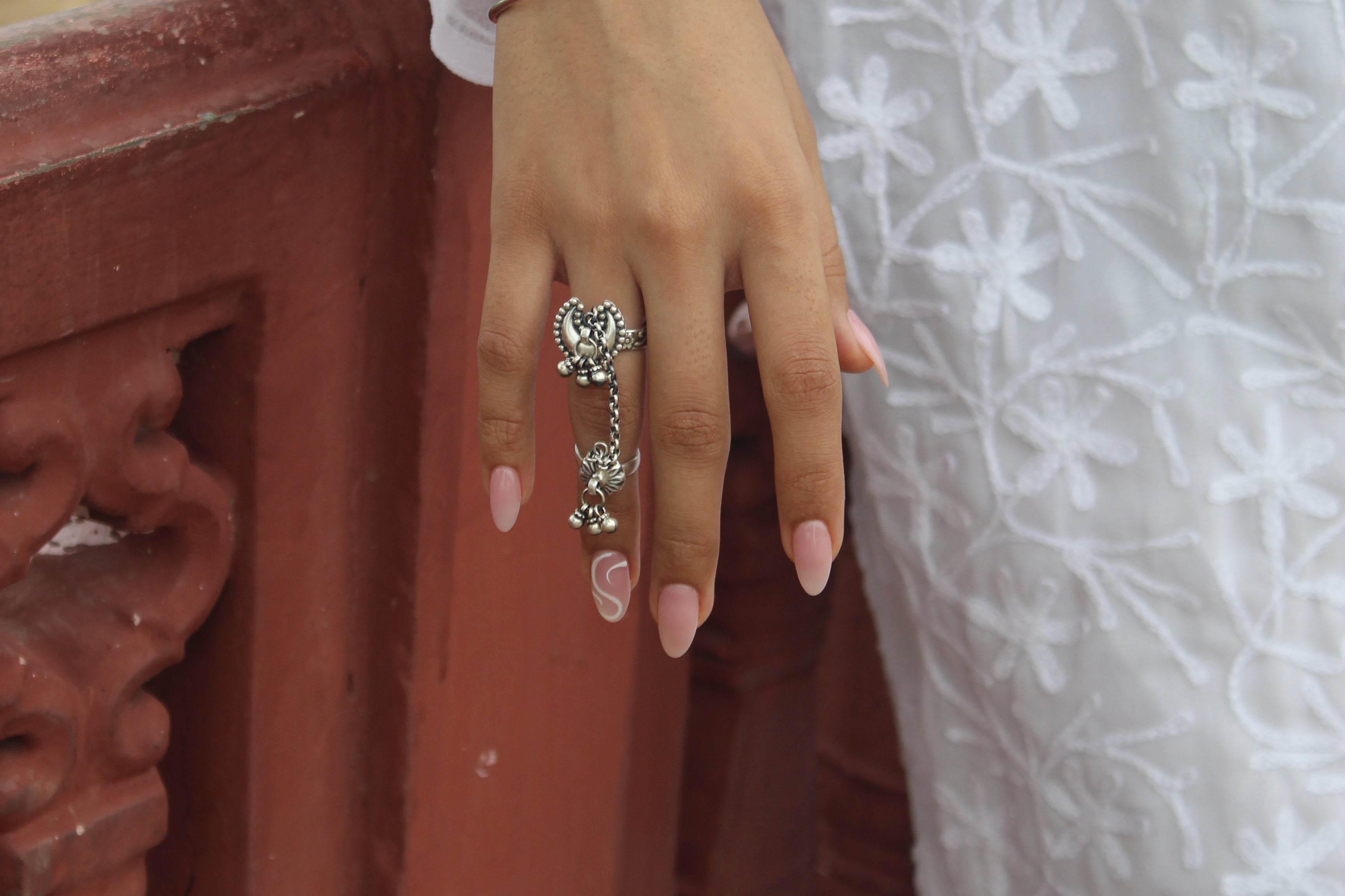 silver twin ring with moon and ghungroo 
