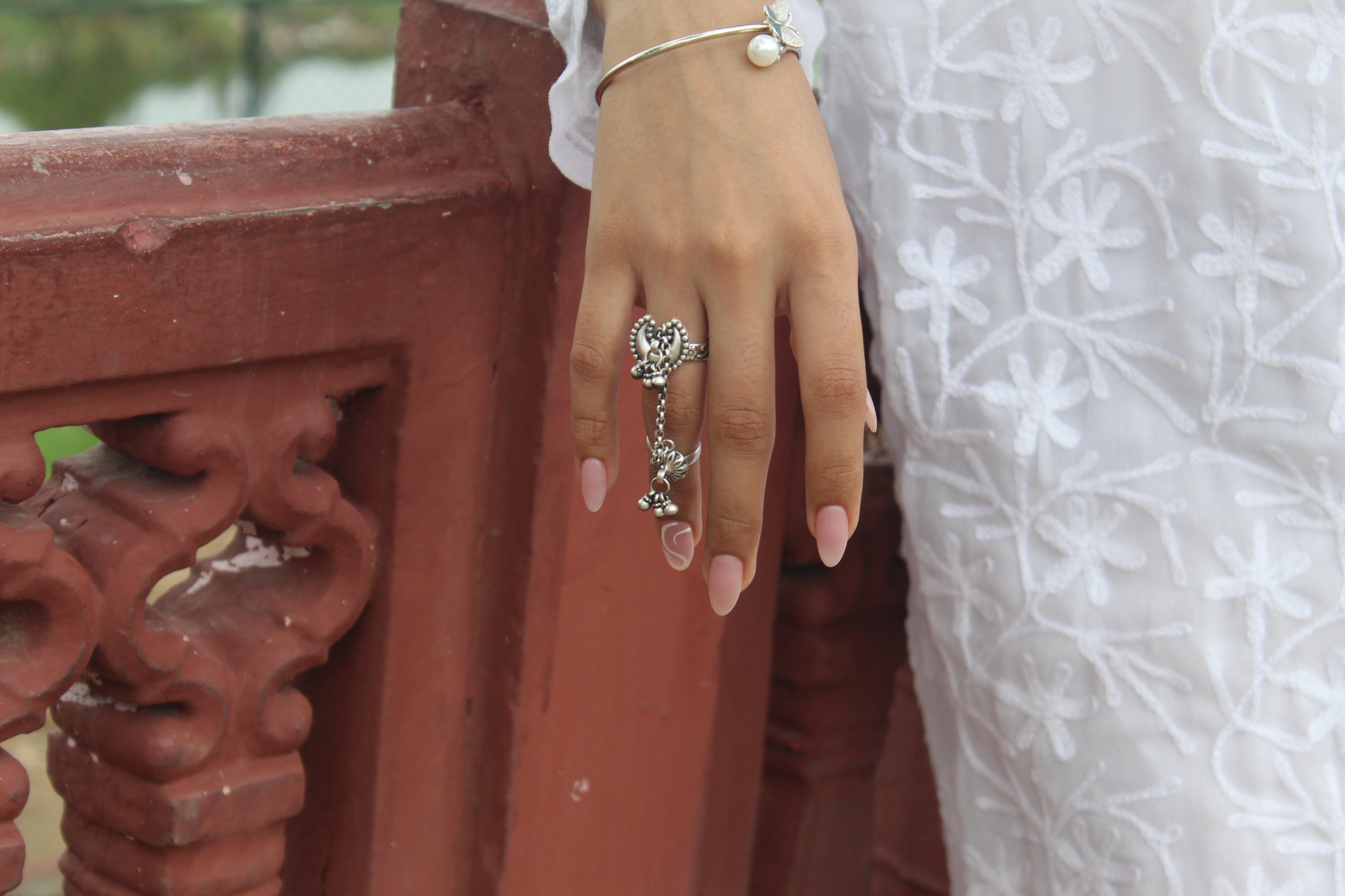 silver twin ring with moon and ghungroo