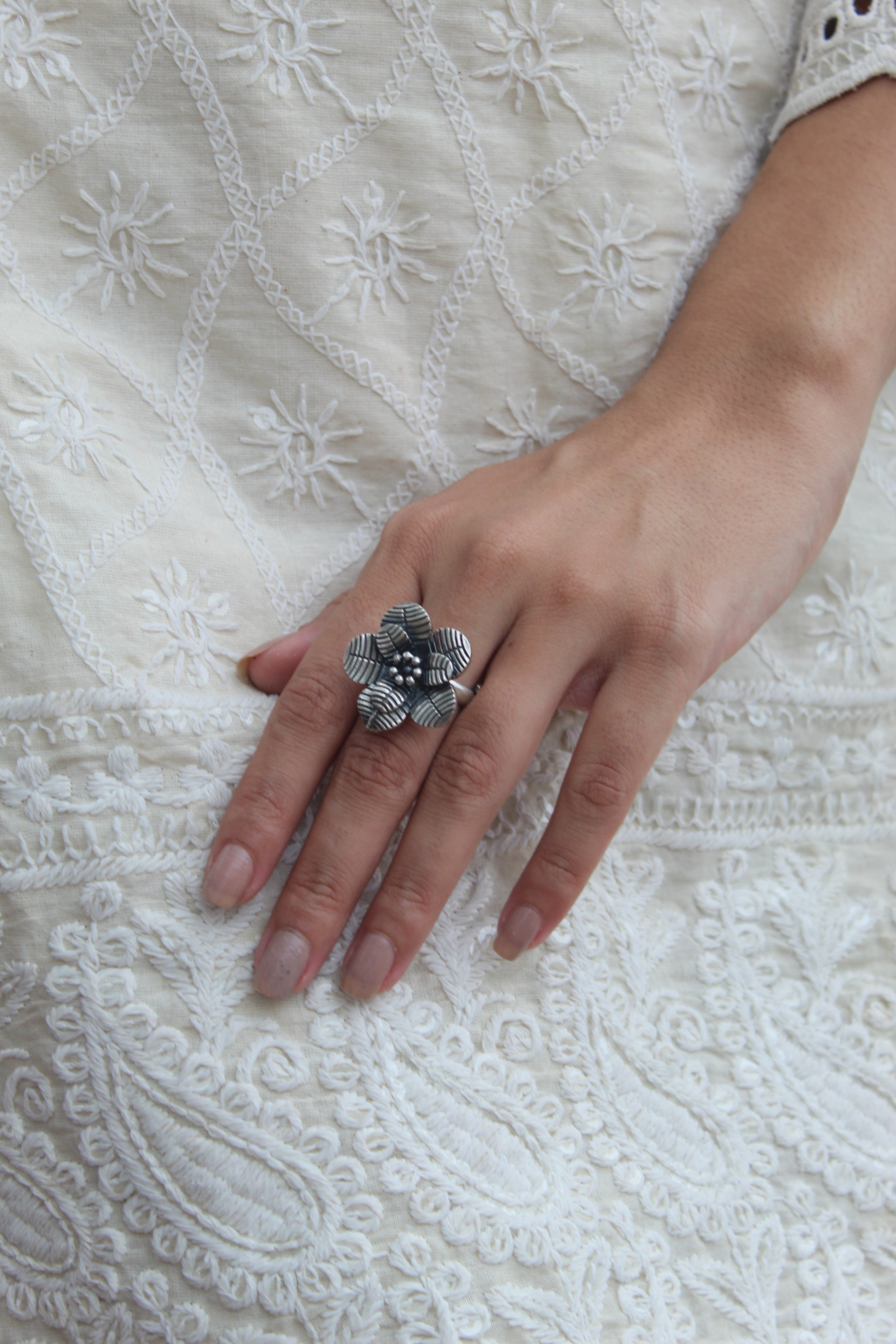 silver double flower ring