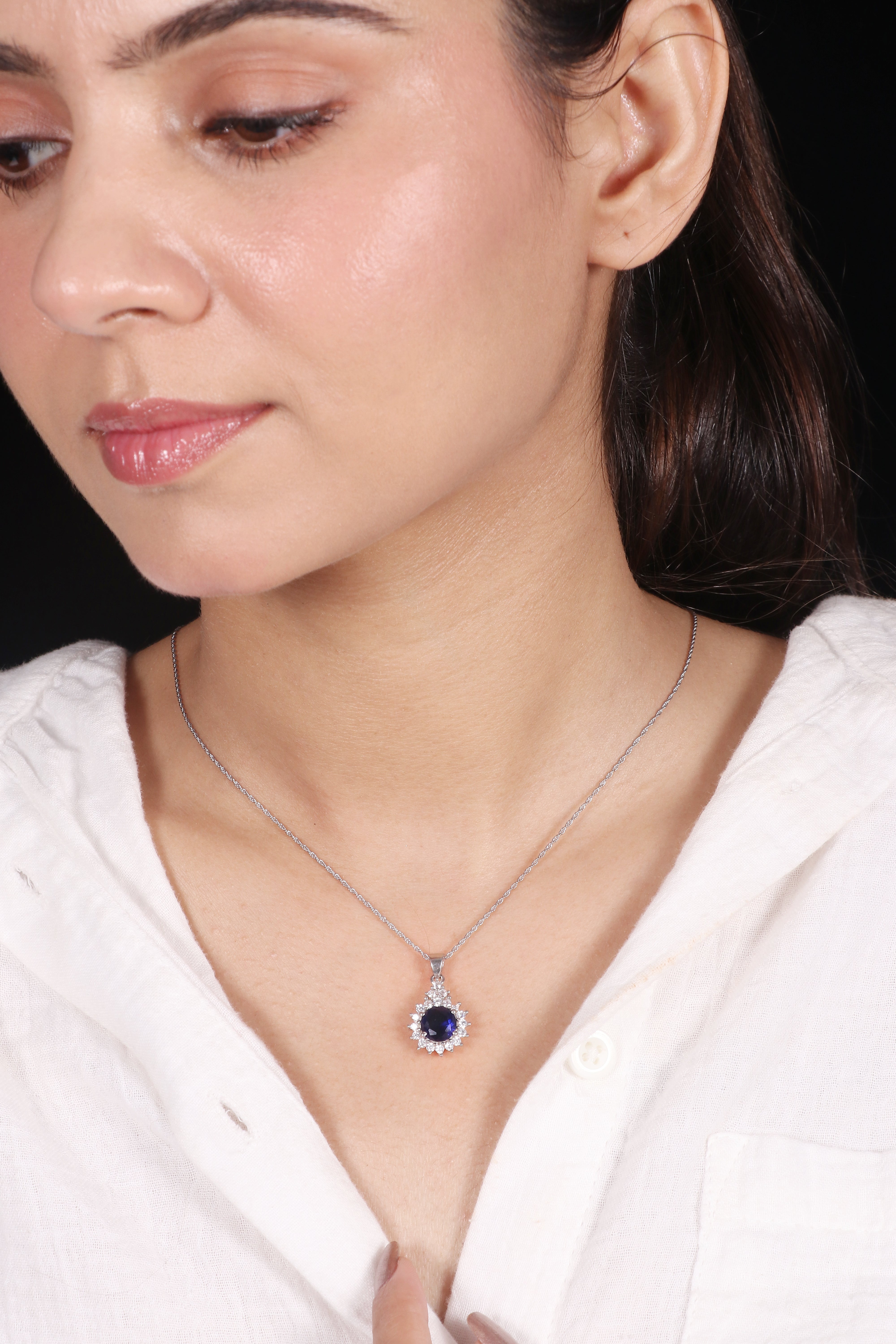 Silver Minimalist CZ Blue Pendant