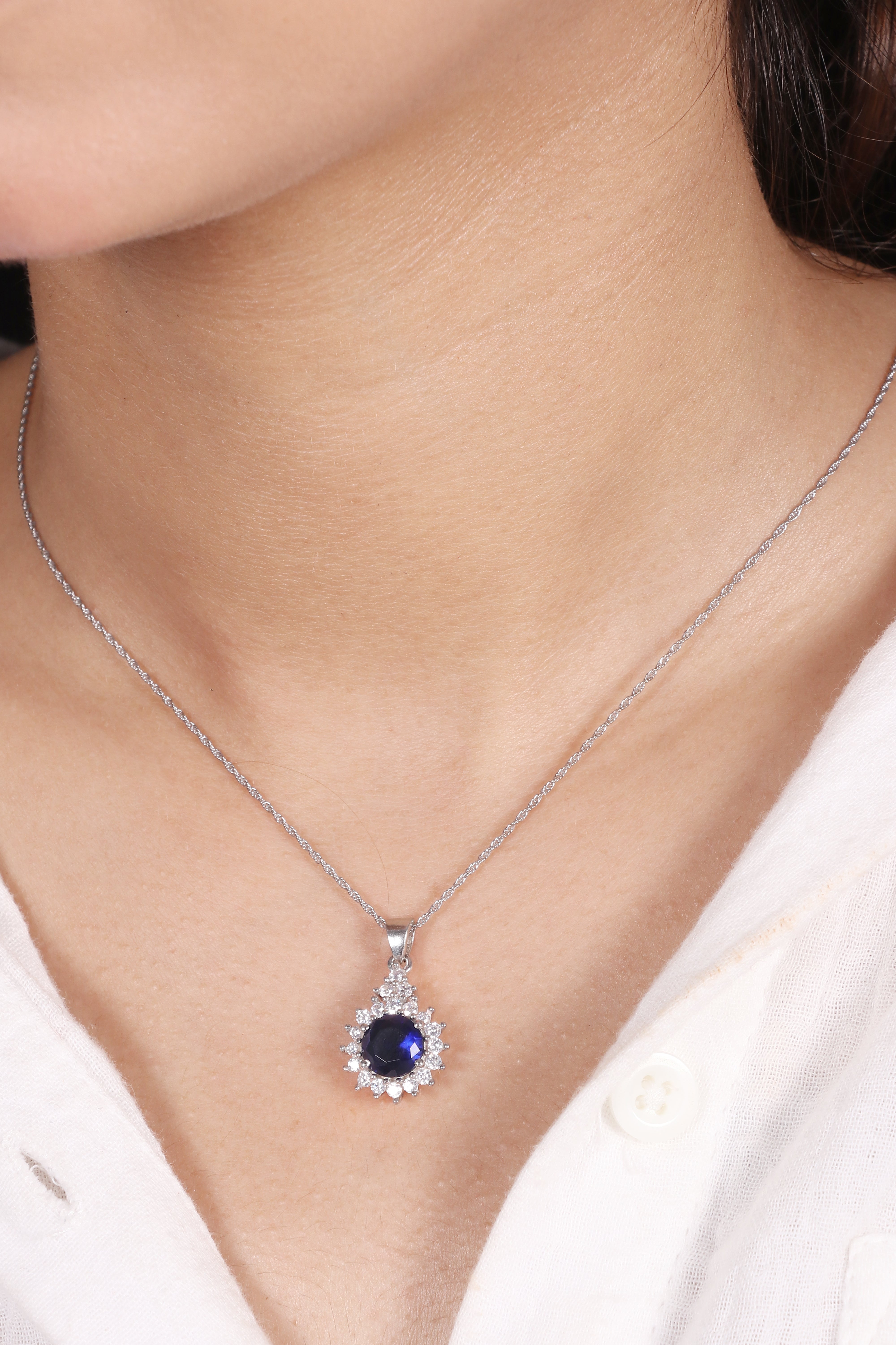 Silver Minimalist CZ Blue Pendant