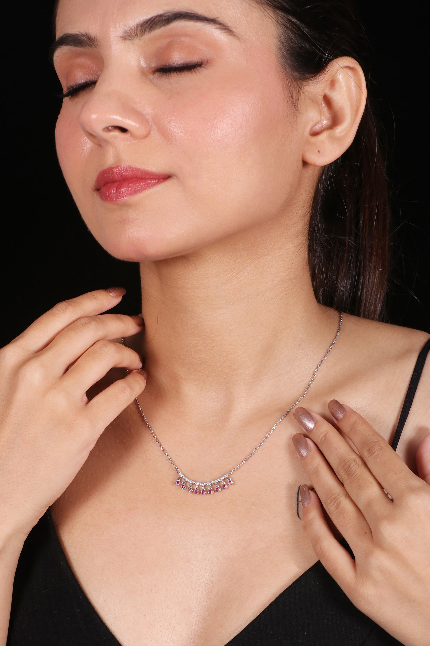 Silver Arc Red Stone Necklace