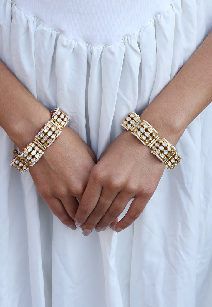 Pink Polki With Pearls Open Setting Bangle 