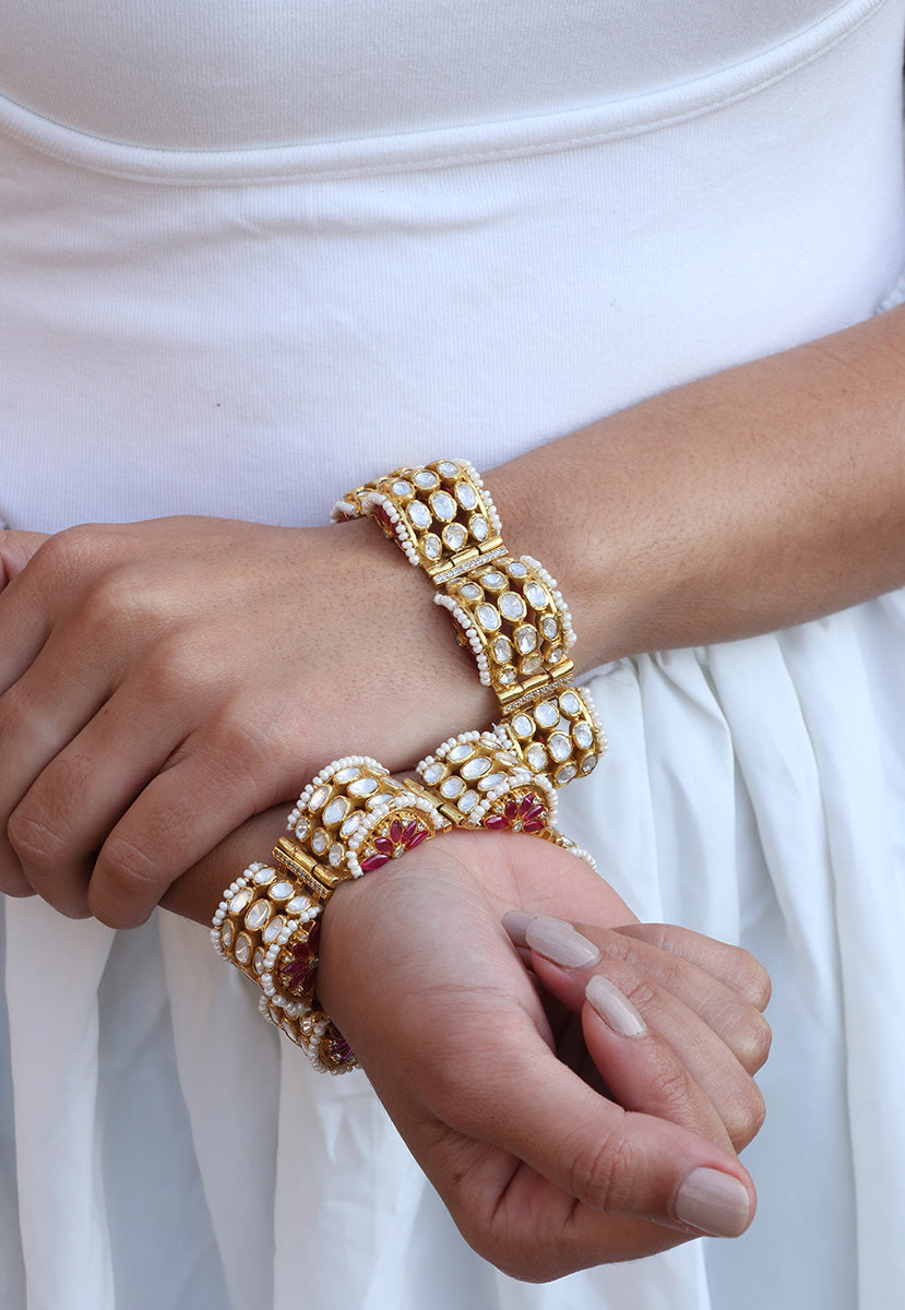 Pink Polki With Pearls Open Setting Bangle 