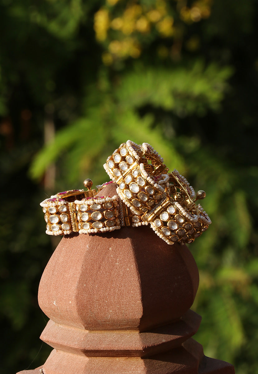 Pink Polki With Pearls Open Setting Bangle 