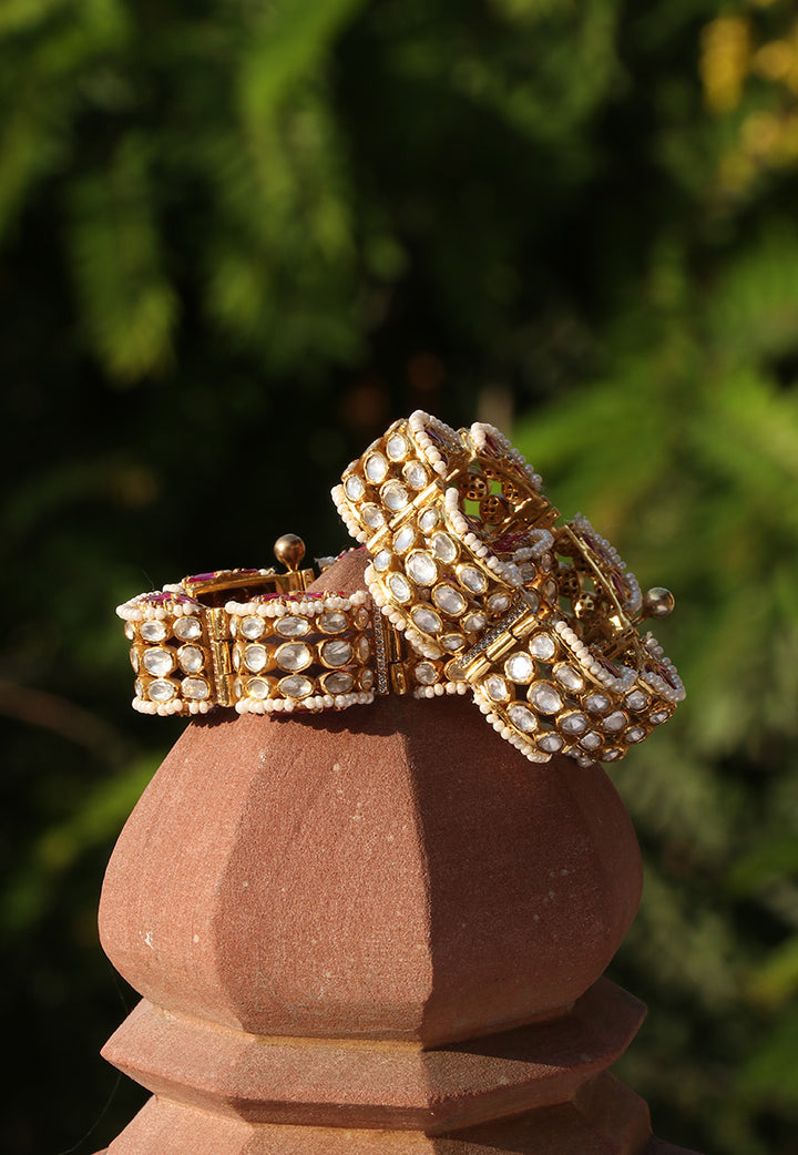 Pink Polki With Pearls Open Setting Bangle 