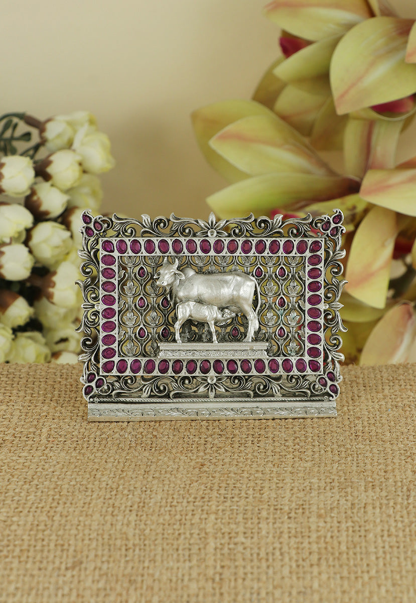 Silver Kamdhenu Cow and calf Idol for Mandir & gifting