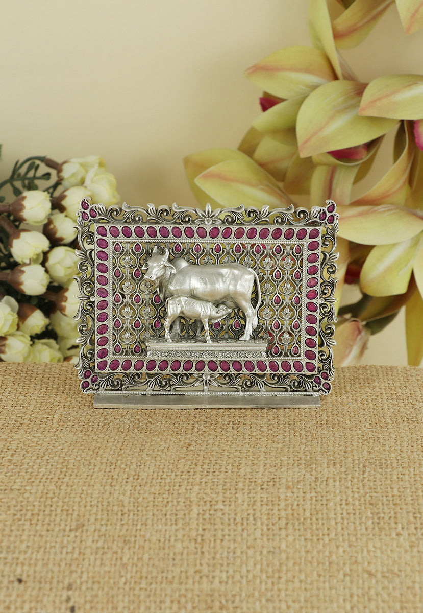 Silver Kamdhenu Cow and calf Idol for Mandir & gifting