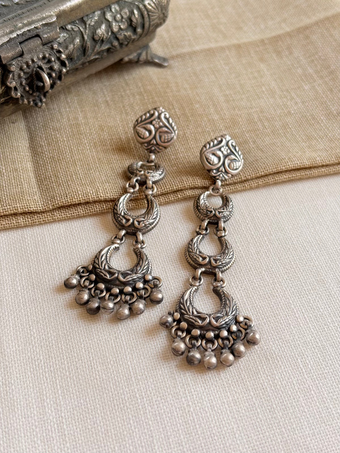 Silver Ghungroo Drop In Tribal Earrings