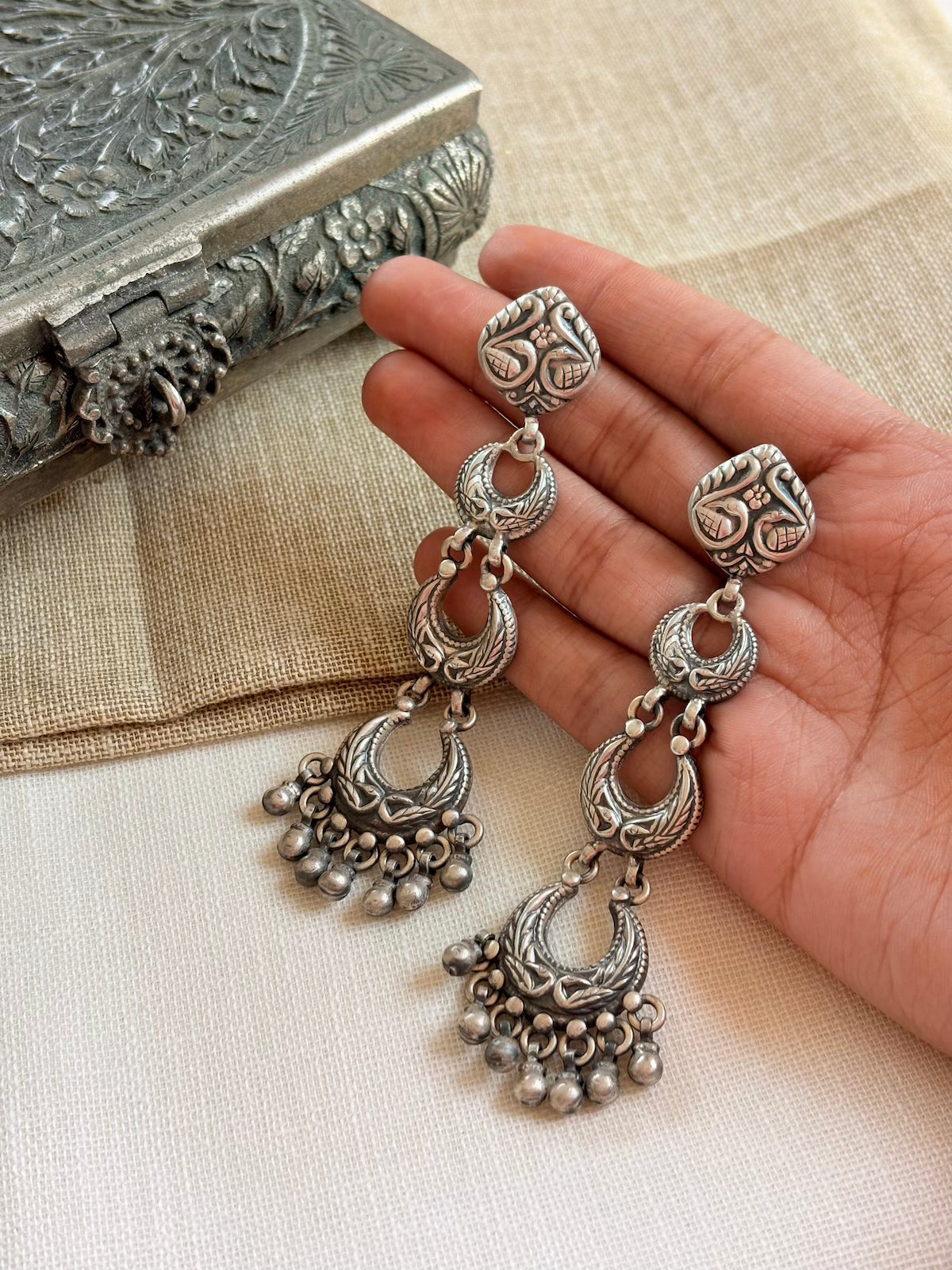 Silver Ghungroo Drop In Tribal Earrings