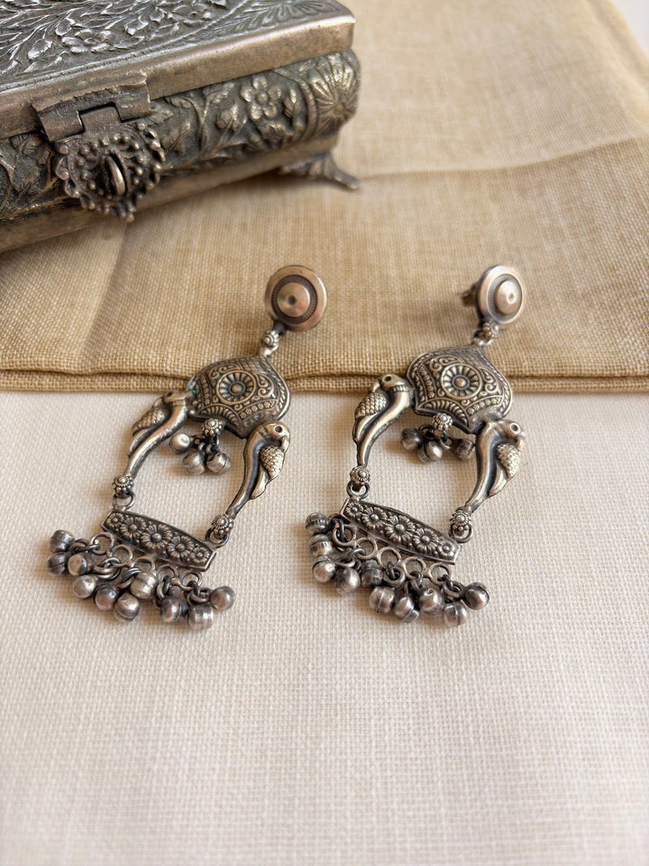 Silver Oxidized Ethnic Peacock Earrings