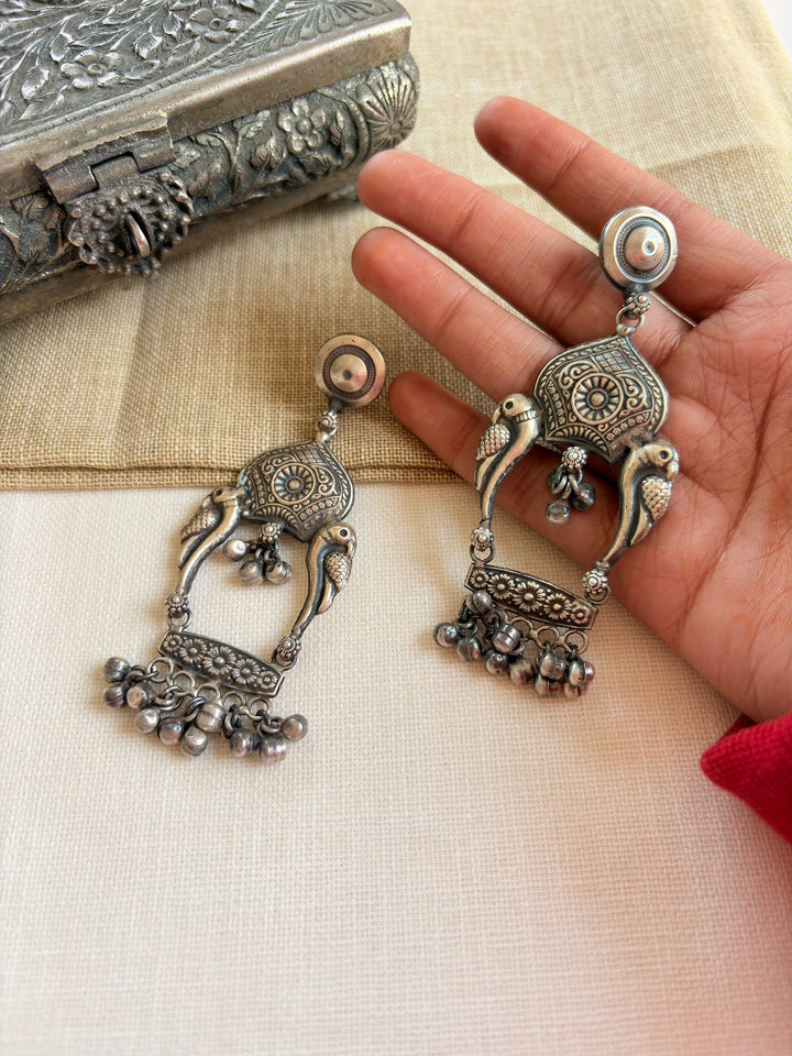 Silver Oxidized Ethnic Peacock Earrings