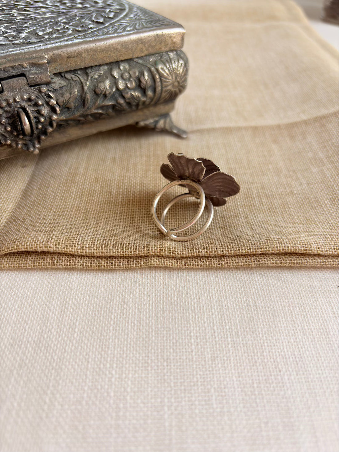 Silver Oxidised Flower Ring