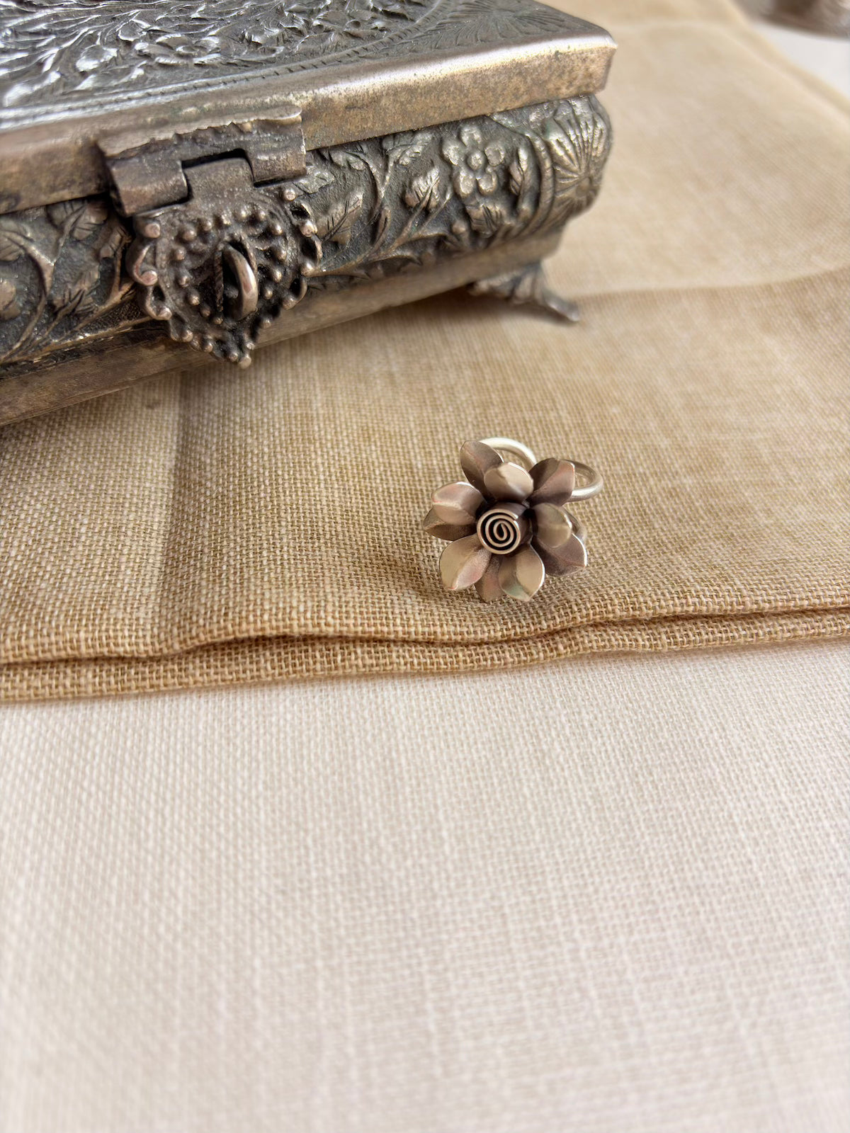 Silver Oxidised Floral Ring