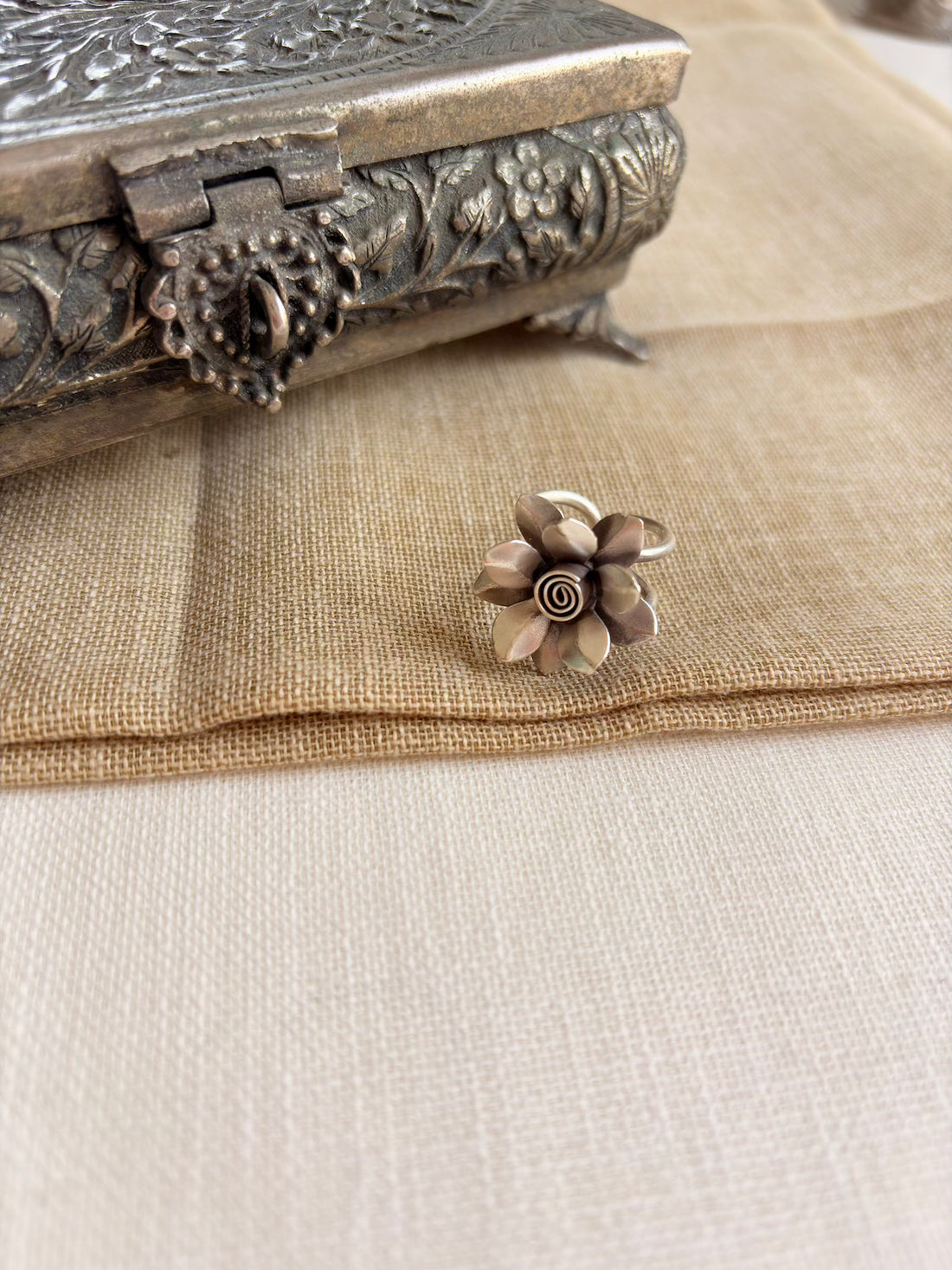 Silver Oxidised Floral Ring