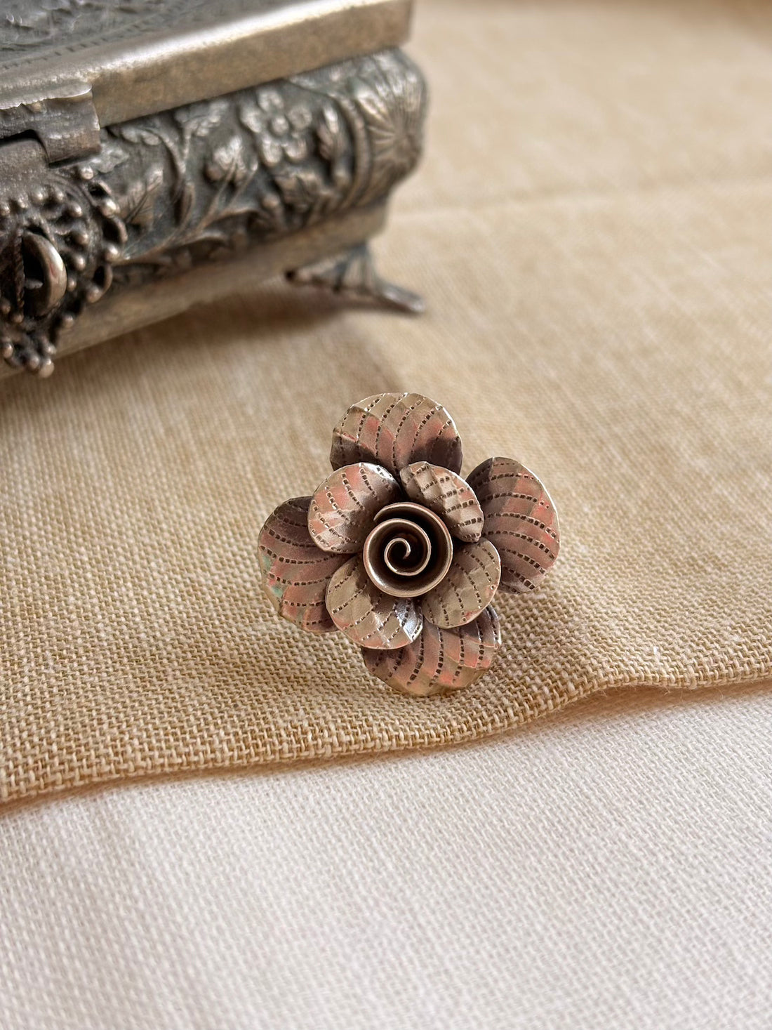 Silver Oxidised Flower Ring