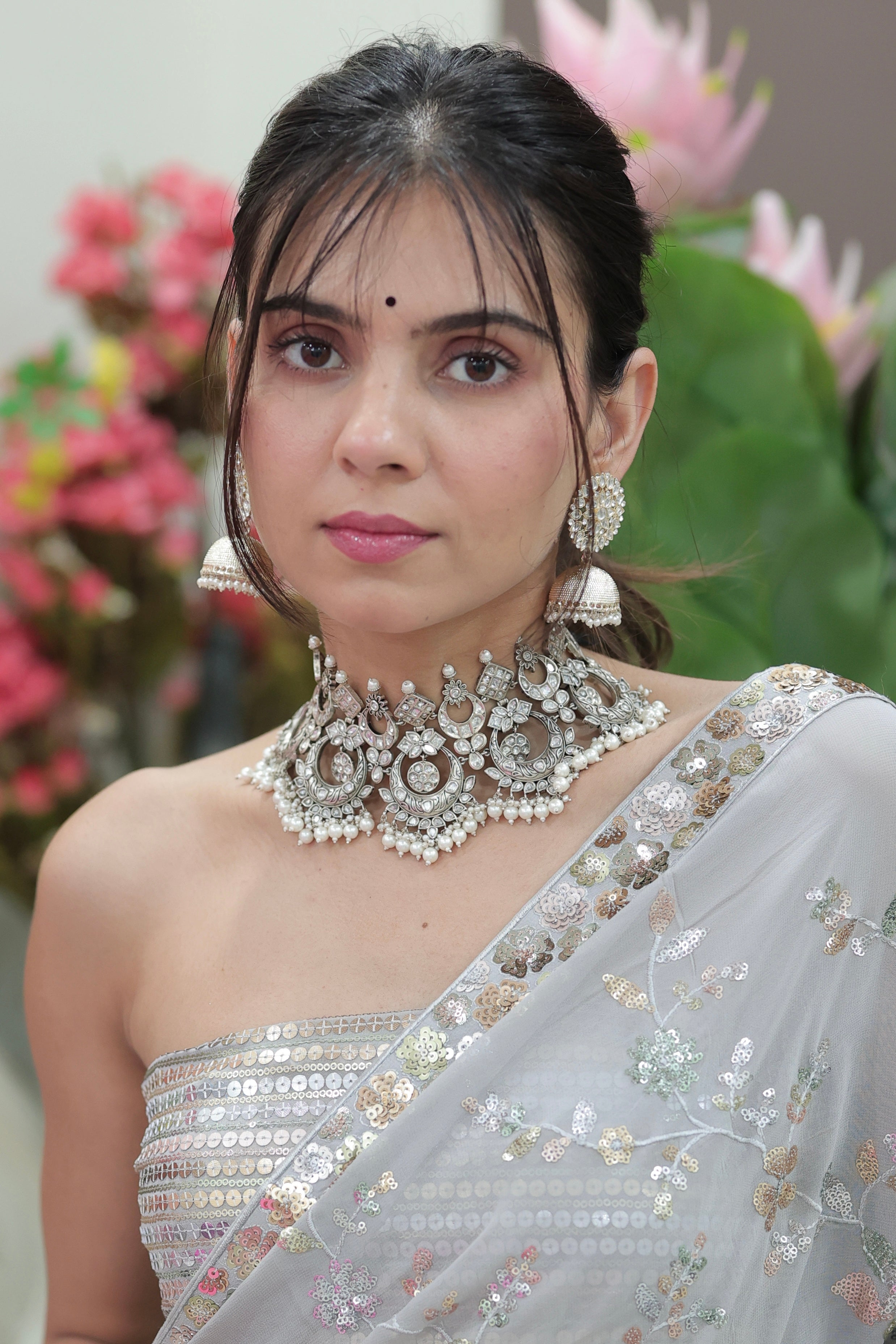 silver pearl oxidized necklace