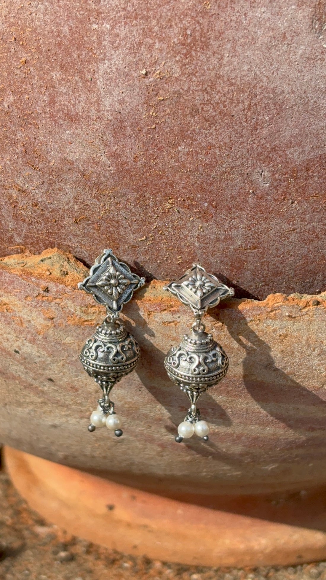 Antique  Silver Oxidised Earrings with Dome Jhumki Design