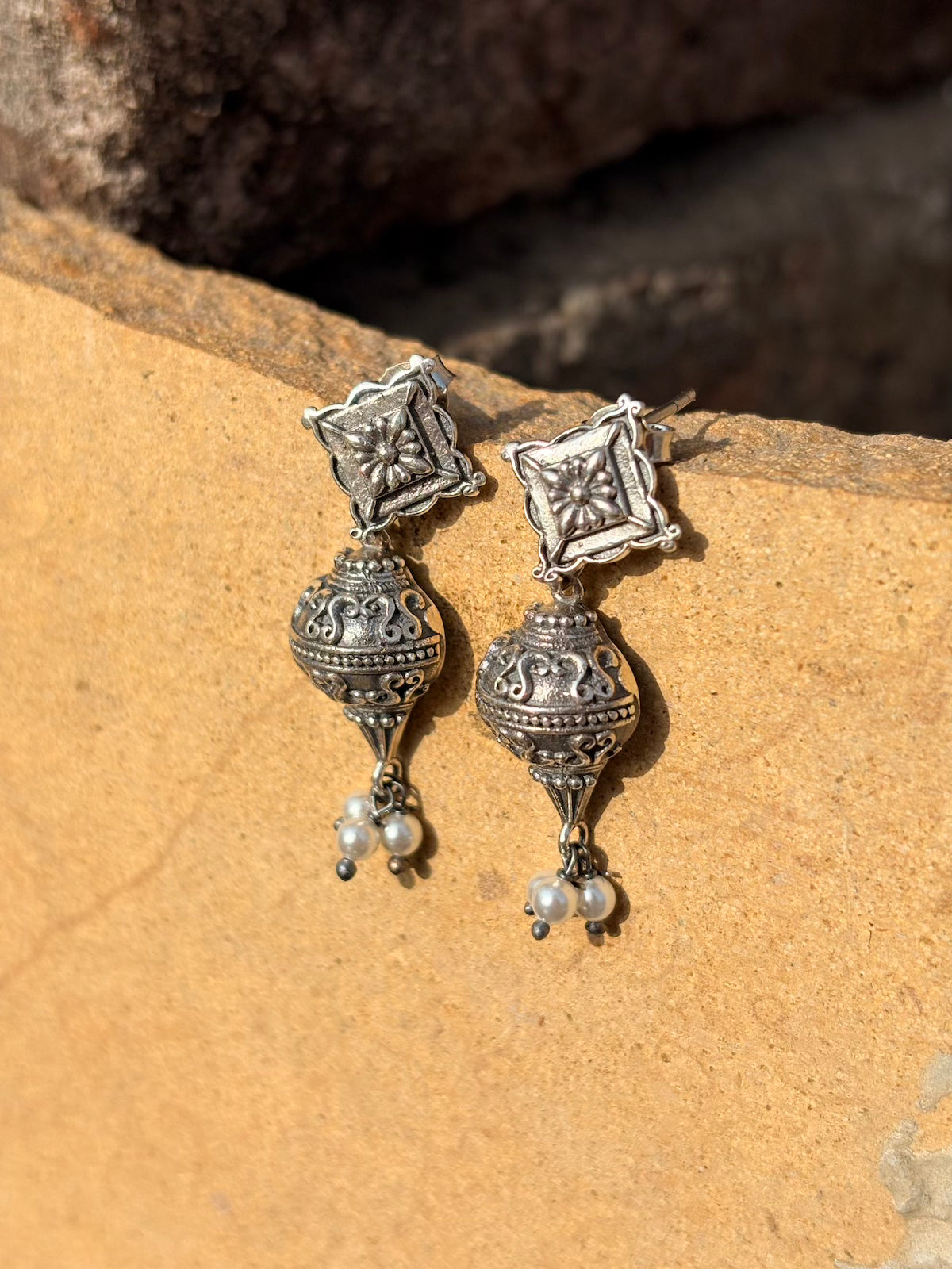 Antique  Silver Oxidised Earrings with Dome Jhumki Design