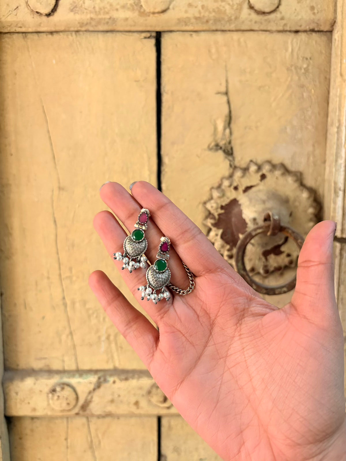 Elegant Temple-Inspired Oxidised Silver Earrings