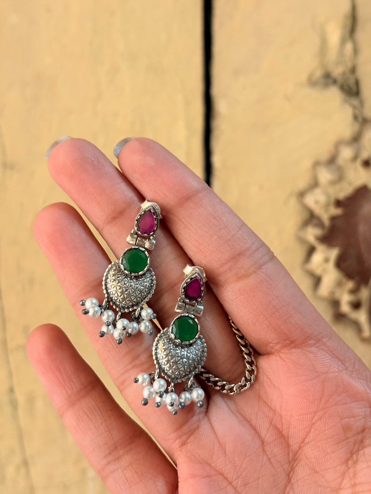 Elegant Temple-Inspired Oxidised Silver Earrings