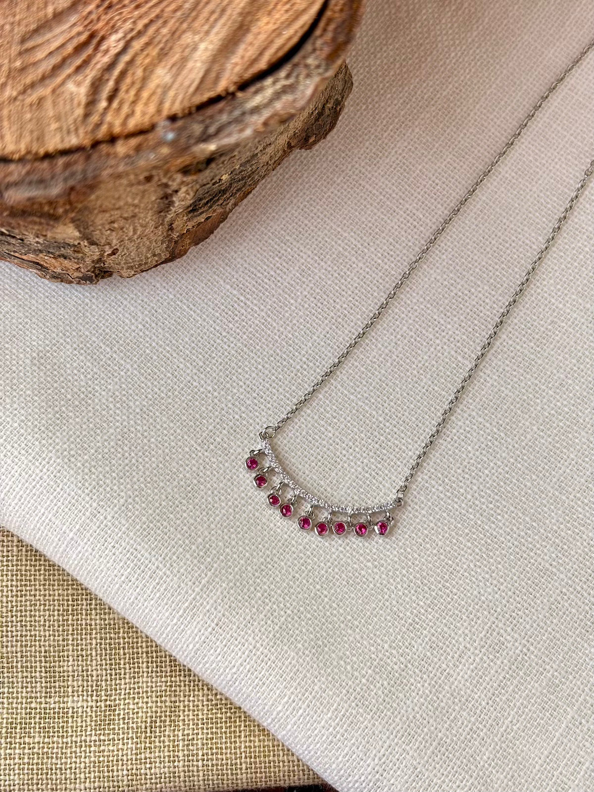 Silver Arc Red Stone Necklace (With Chain)