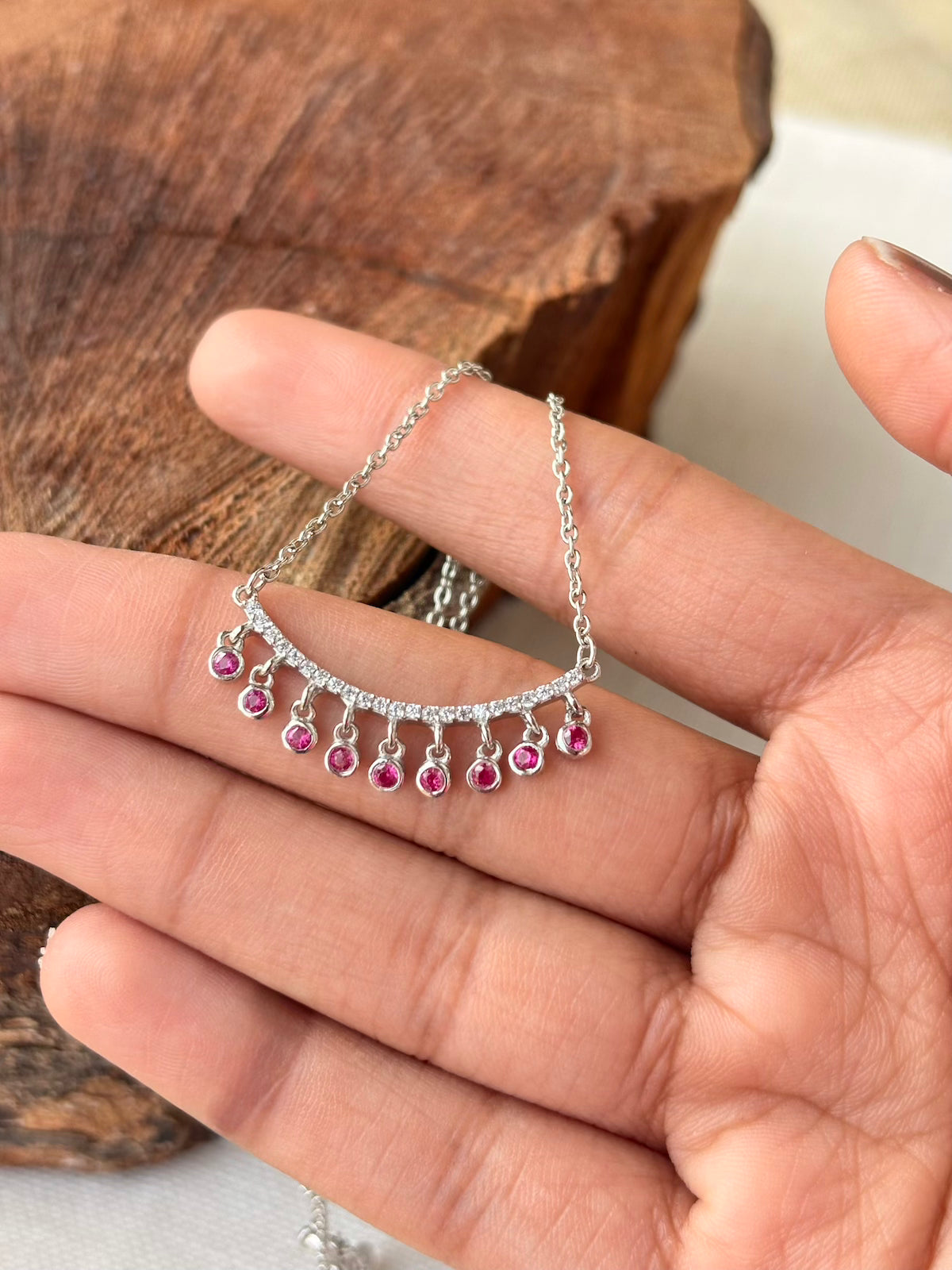 Silver Arc Red Stone Necklace (With Chain)