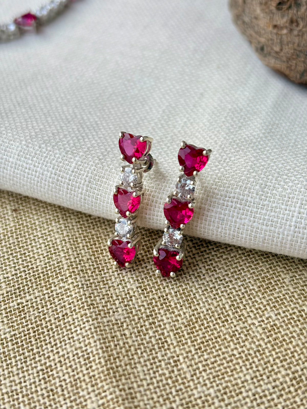 Silver Heart Shaped Red Stone Necklace Set (With Chain)