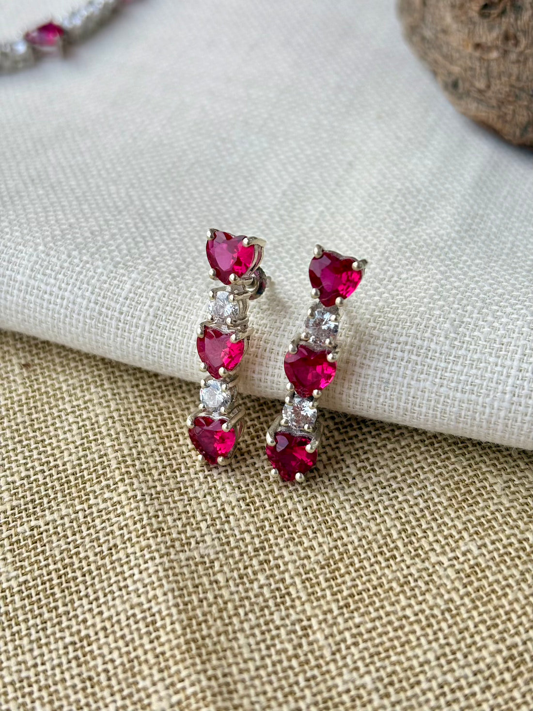 Silver Heart Shaped Red Stone Necklace Set (With Chain)