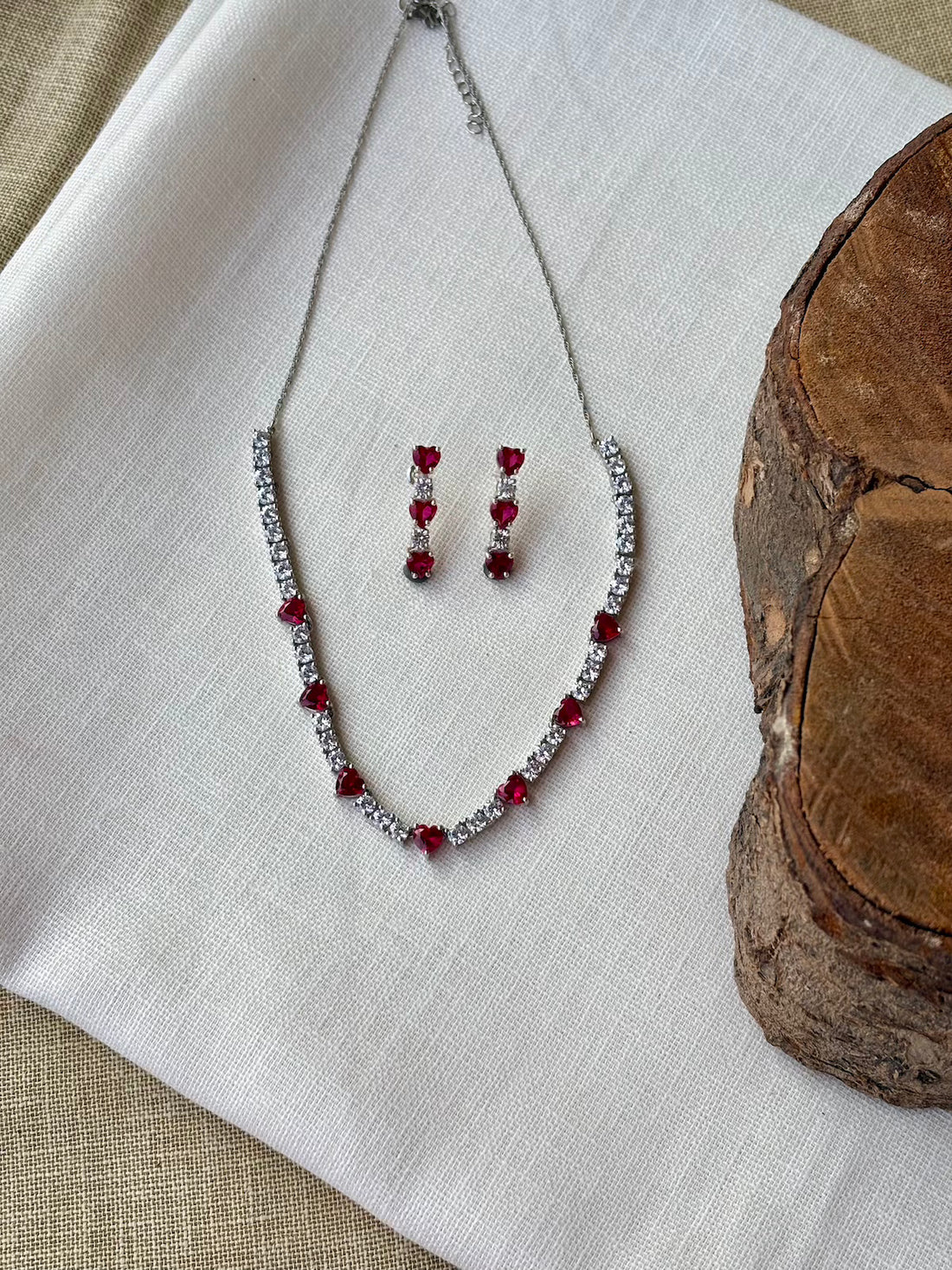 Silver Heart Shaped Red Stone Necklace Set (With Chain)