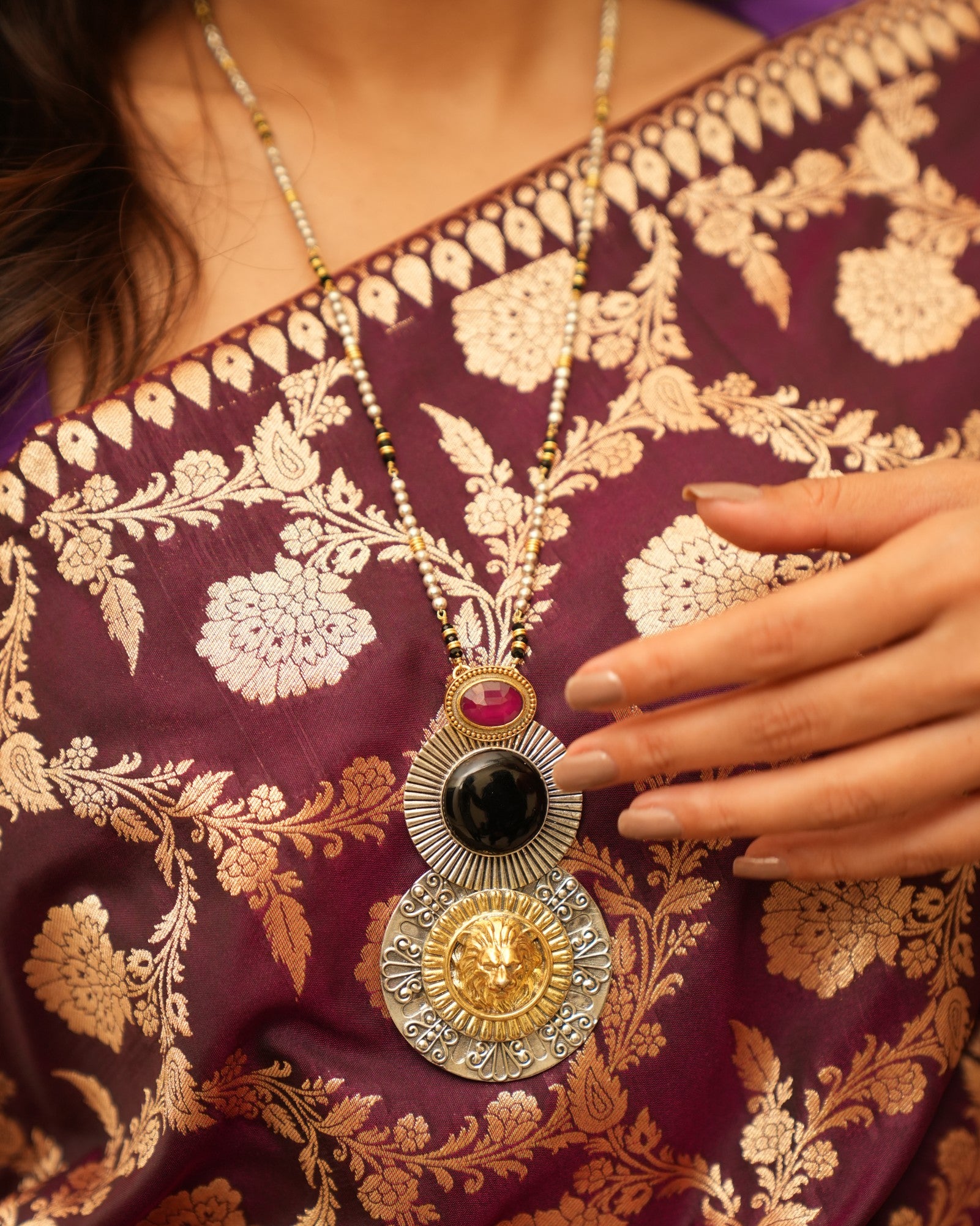 Majestic Lion Figure Long  Silver Pendant with Exotic Stones