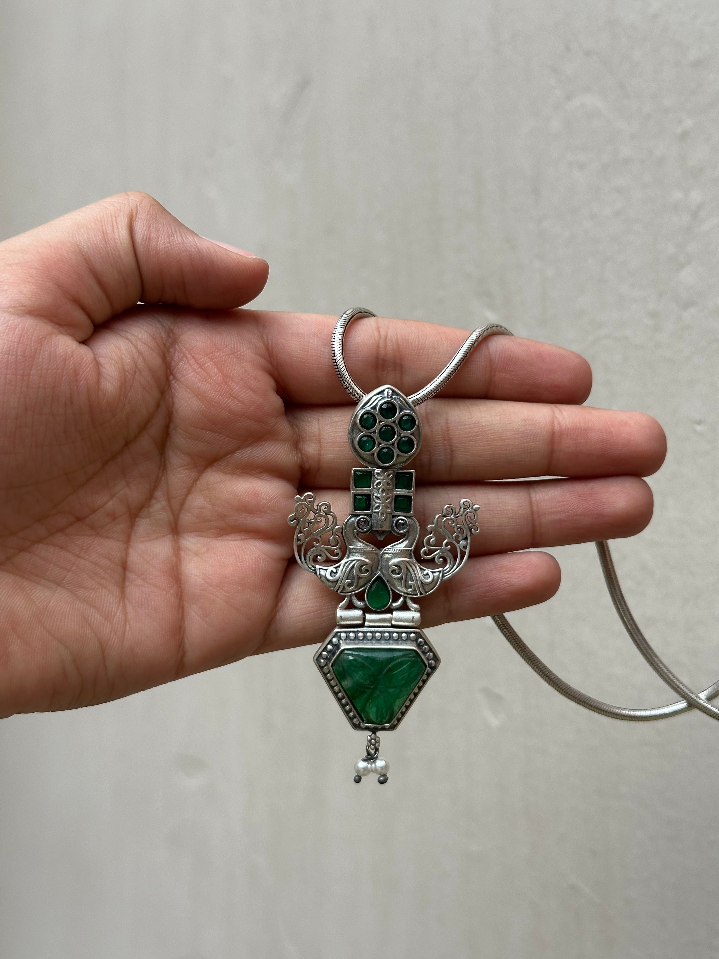 Intricately Crafted Silver Oxidised Pendant with Peacock Motif & Chain