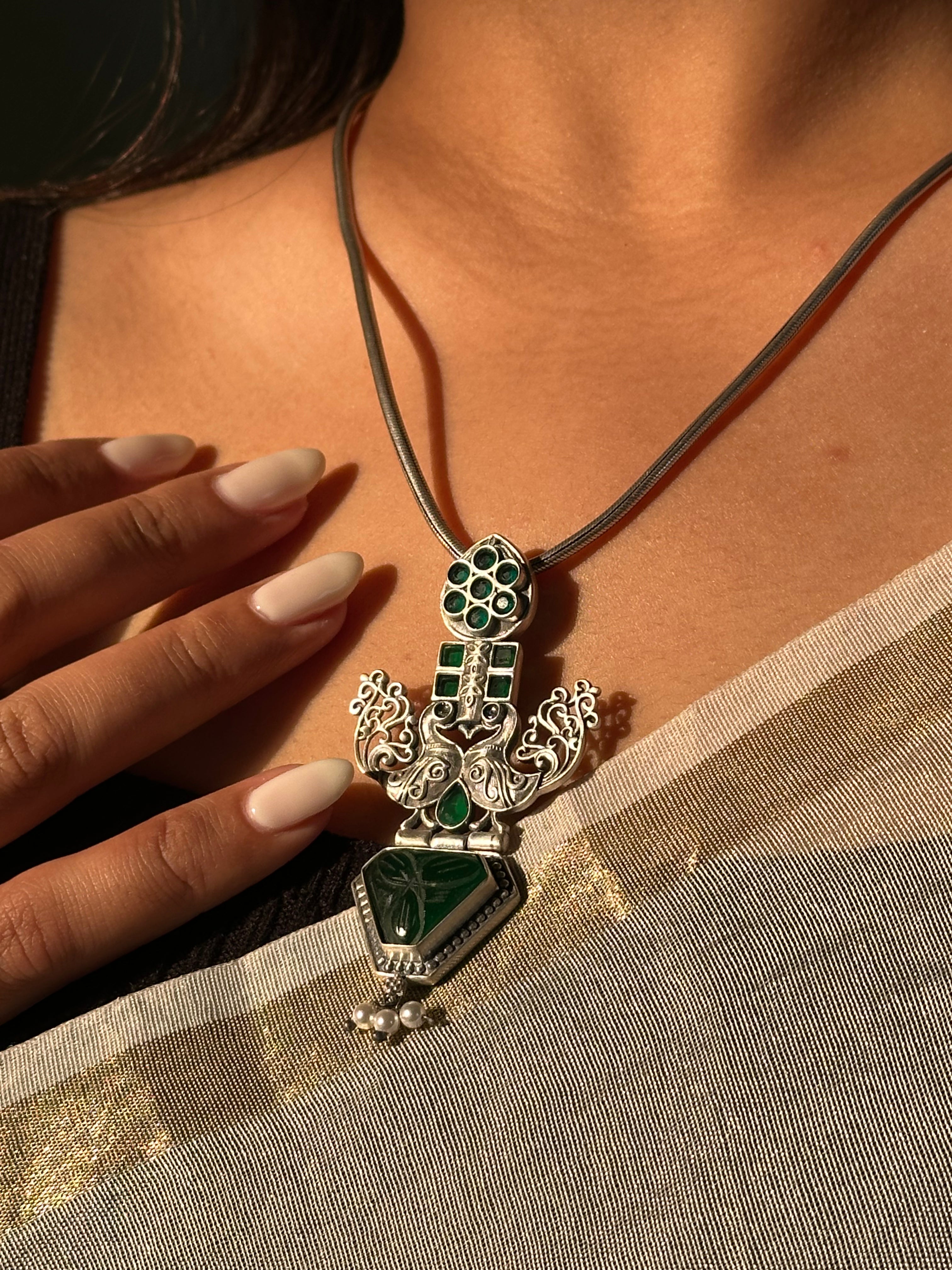 Intricately Crafted Silver Oxidised Pendant with Peacock Motif & Chain