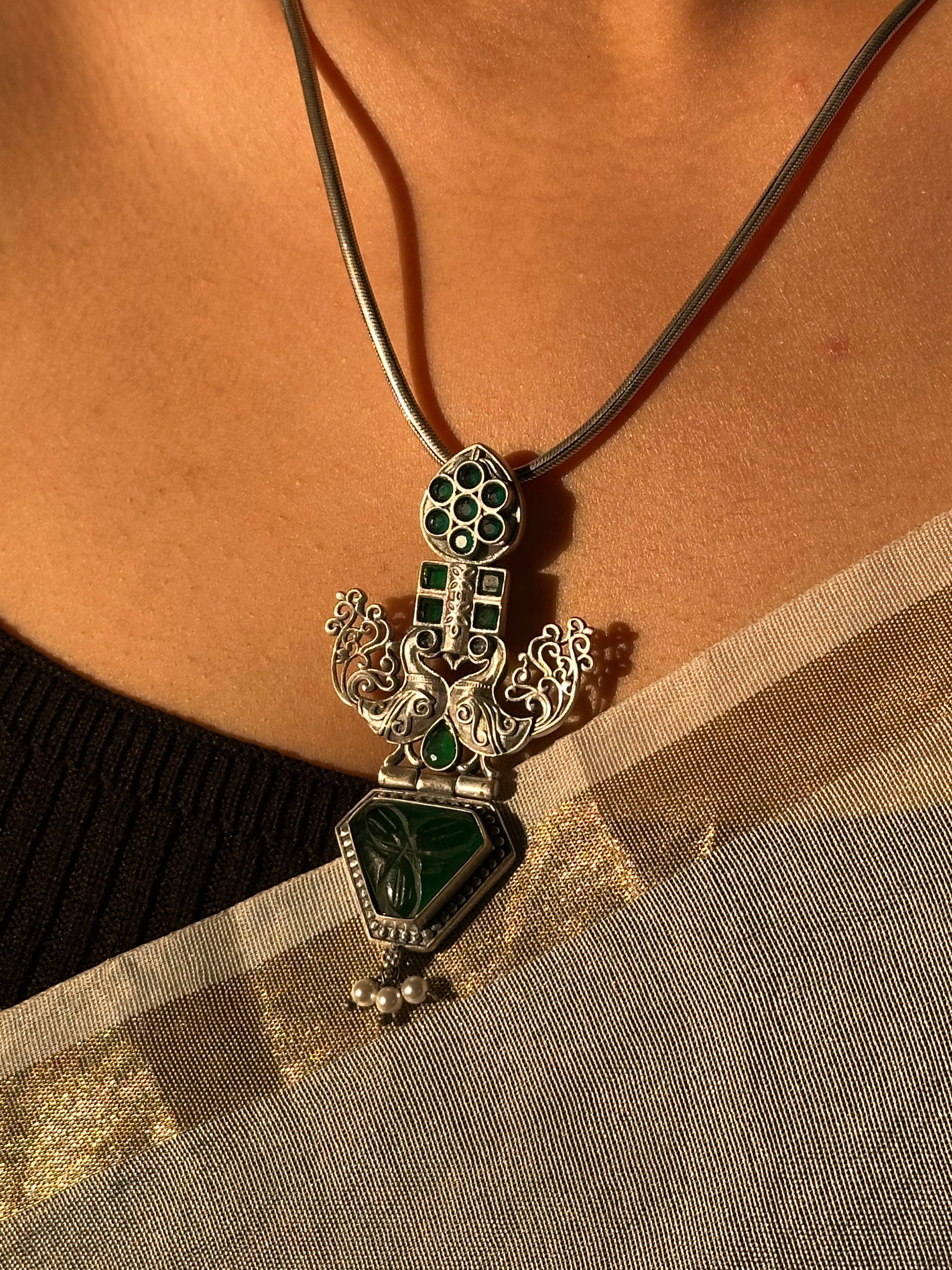 Intricately Crafted Silver Oxidised Pendant with Peacock Motif & Chain