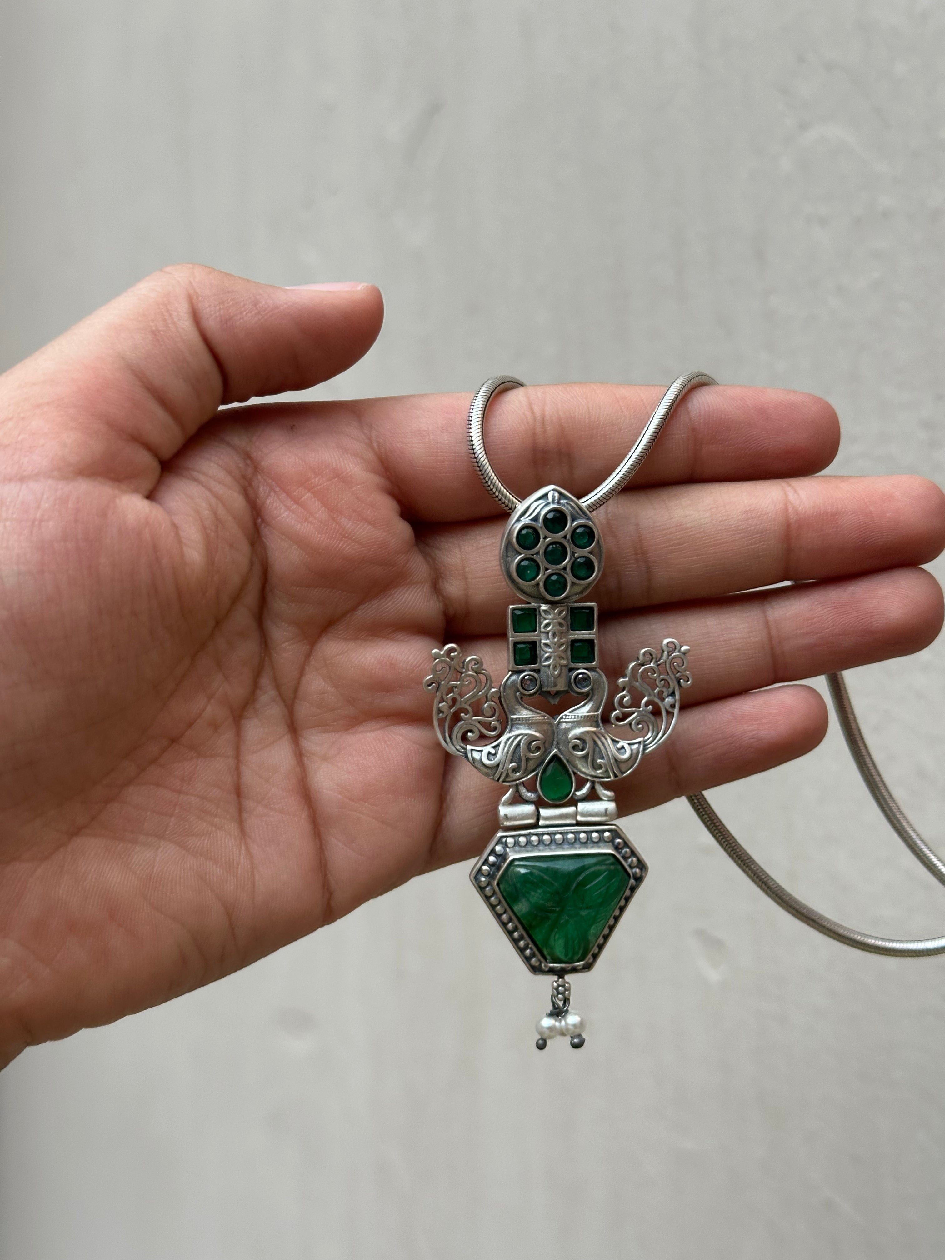 Intricately Crafted Silver Oxidised Pendant with Peacock Motif & Chain