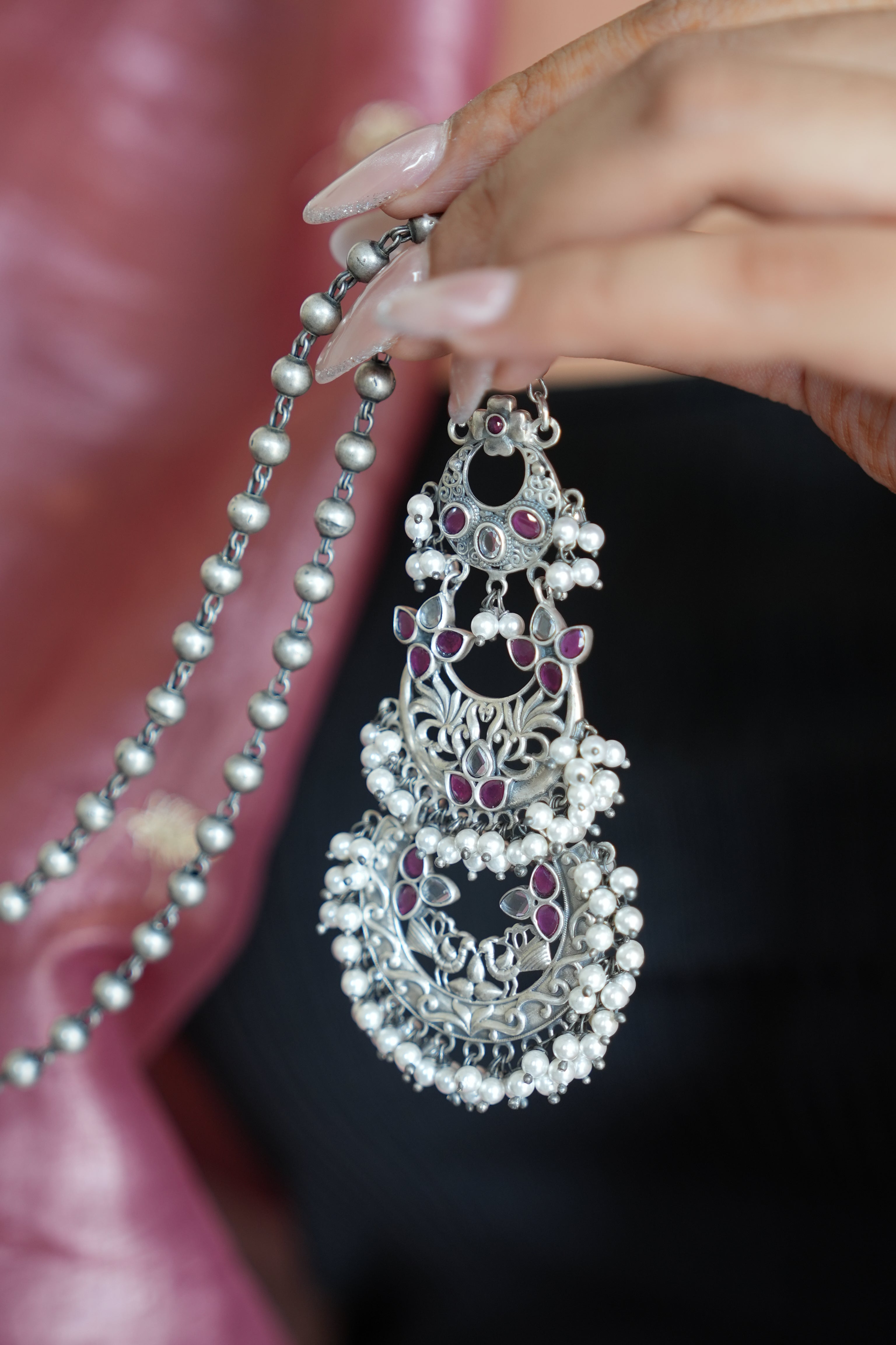 Triple Crescent Oxidised Silver Pendant with Purple Enamel and Pearls