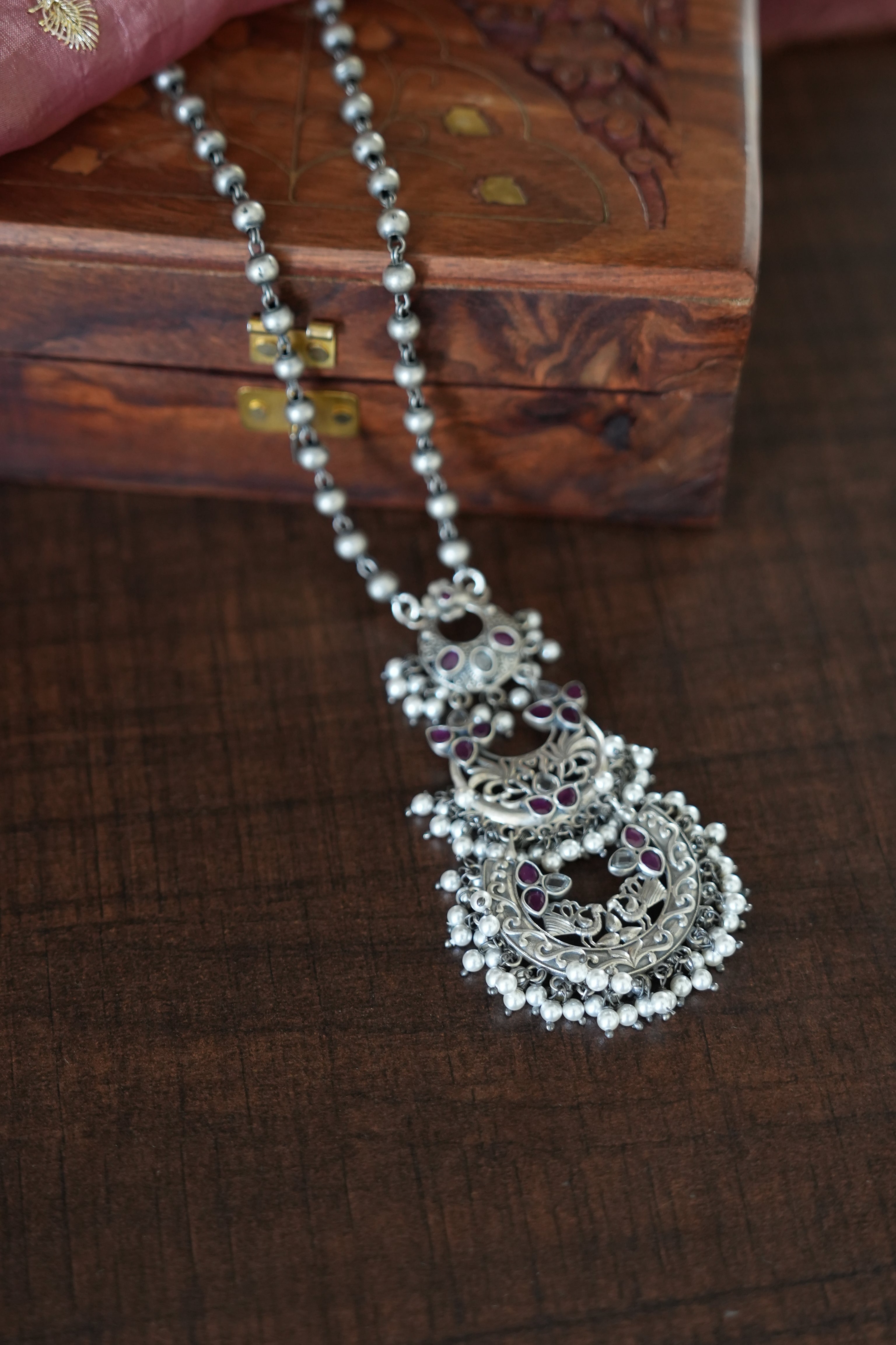 Triple Crescent Oxidised Silver Pendant with Purple Enamel and Pearls