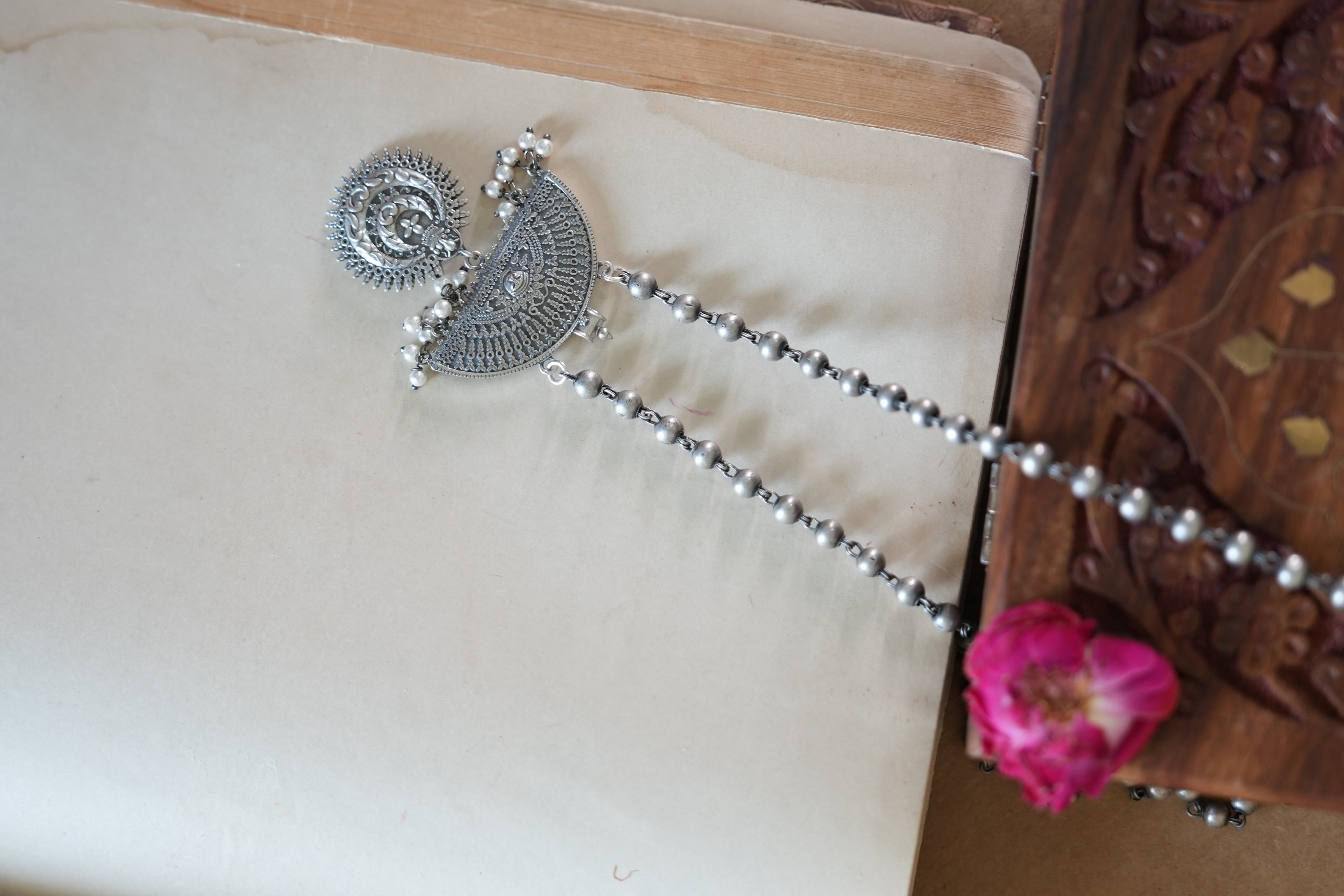 Half-Moon Design Oxidised Silver Pendant with Traditional Detailing