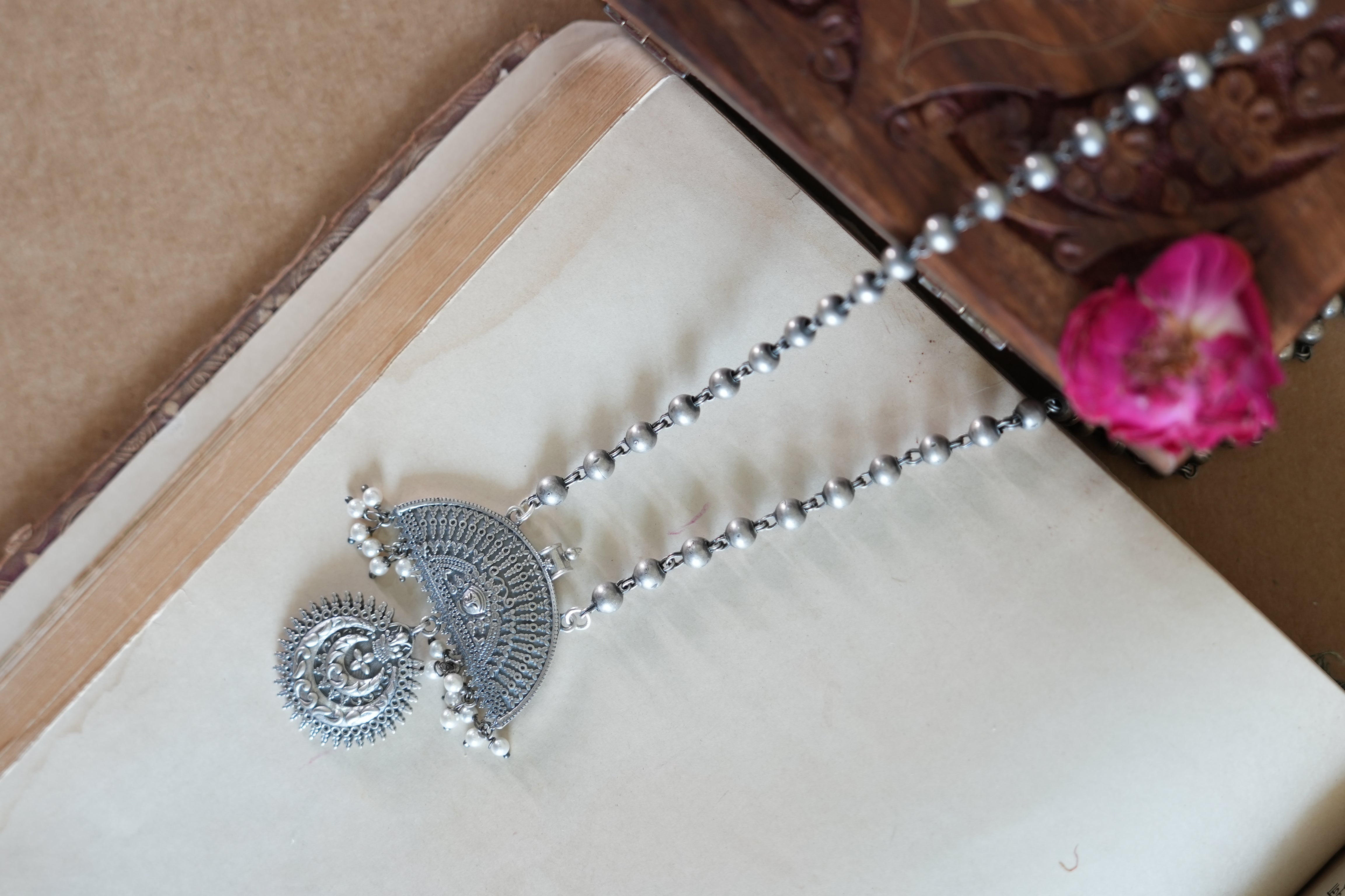 Half-Moon Design Oxidised Silver Pendant with Traditional Detailing