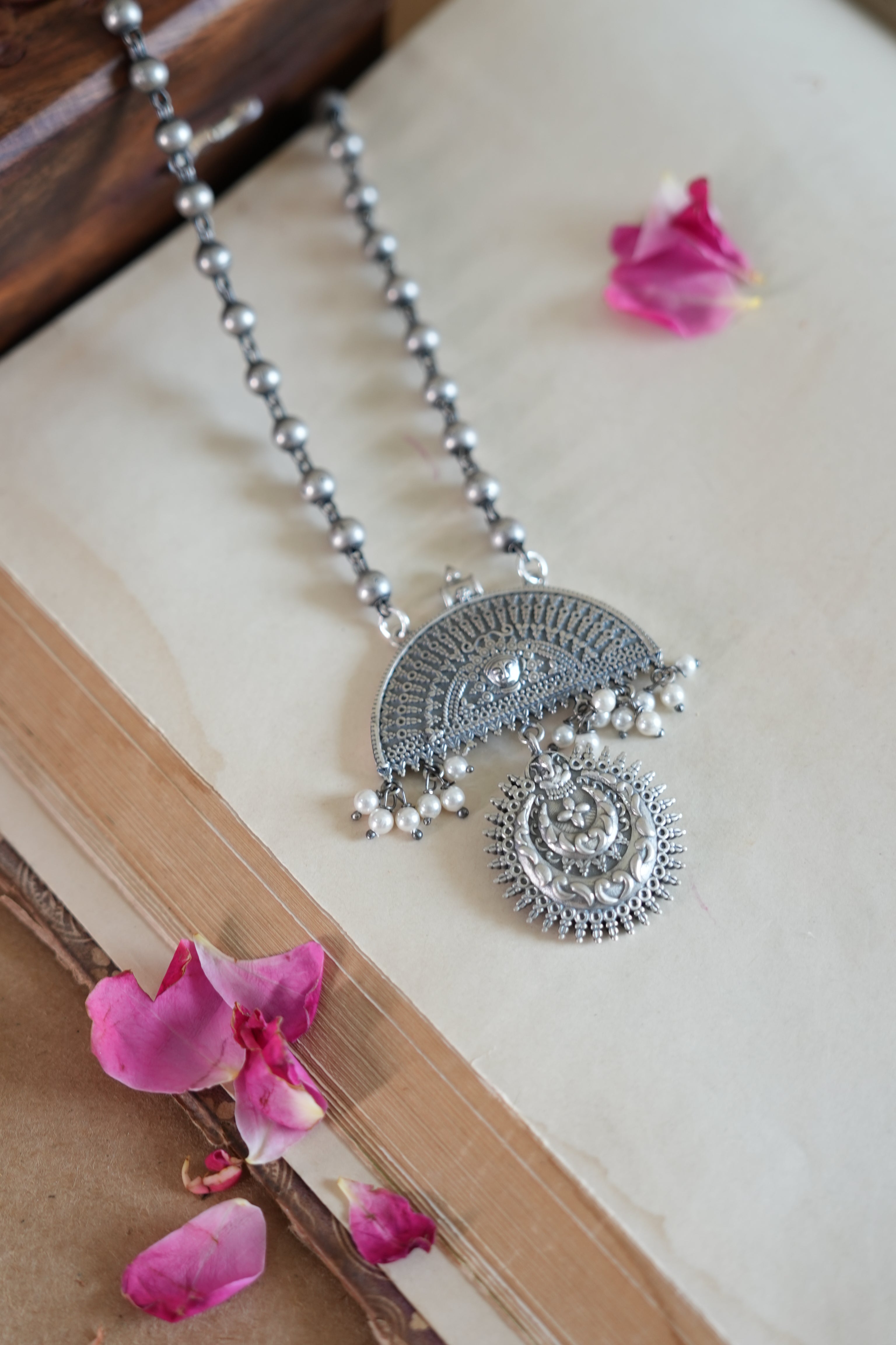 Half-Moon Design Oxidised Silver Pendant with Traditional Detailing