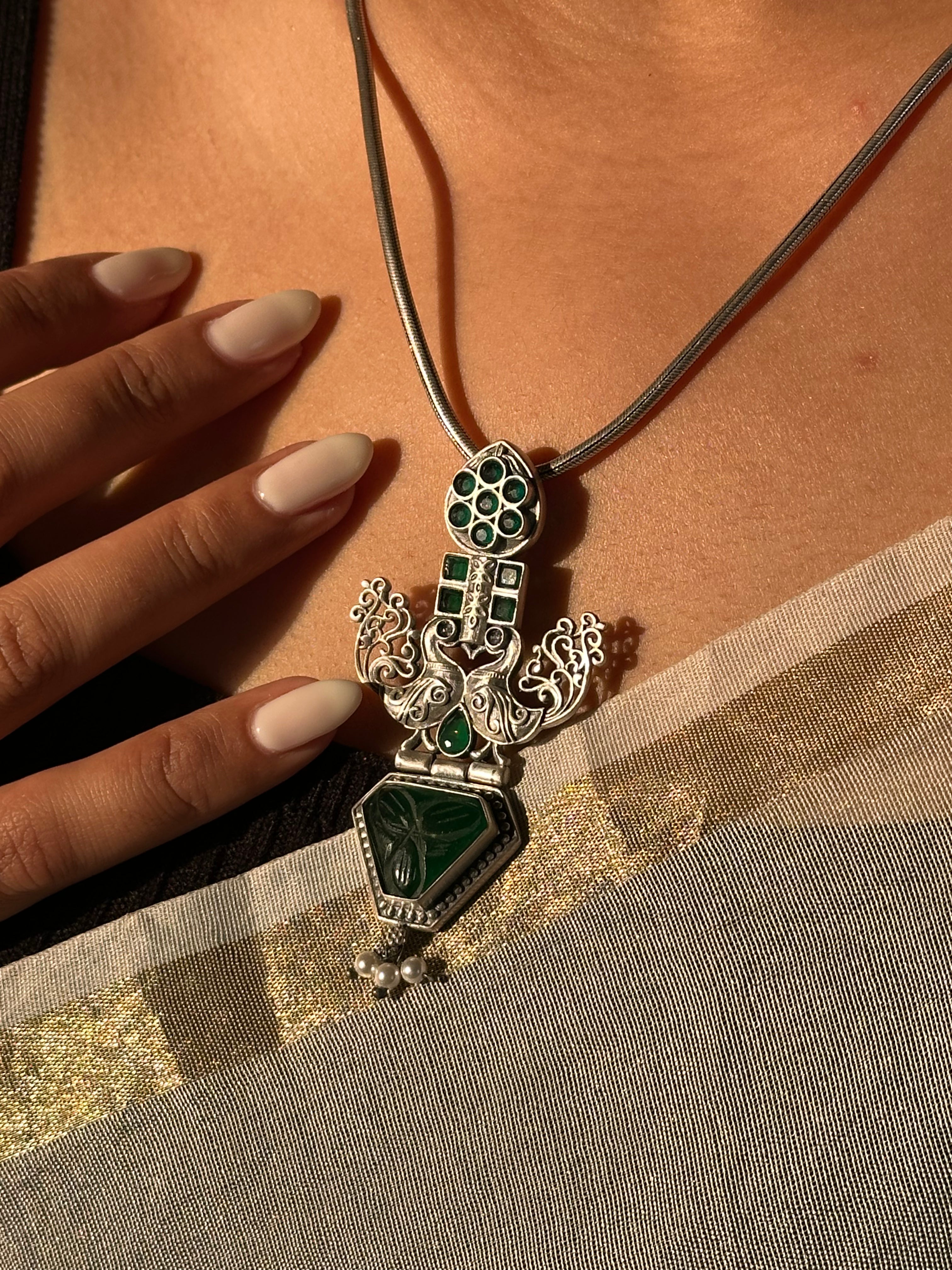 Intricately Crafted Silver Oxidised Pendant with Peacock Motif & Chain