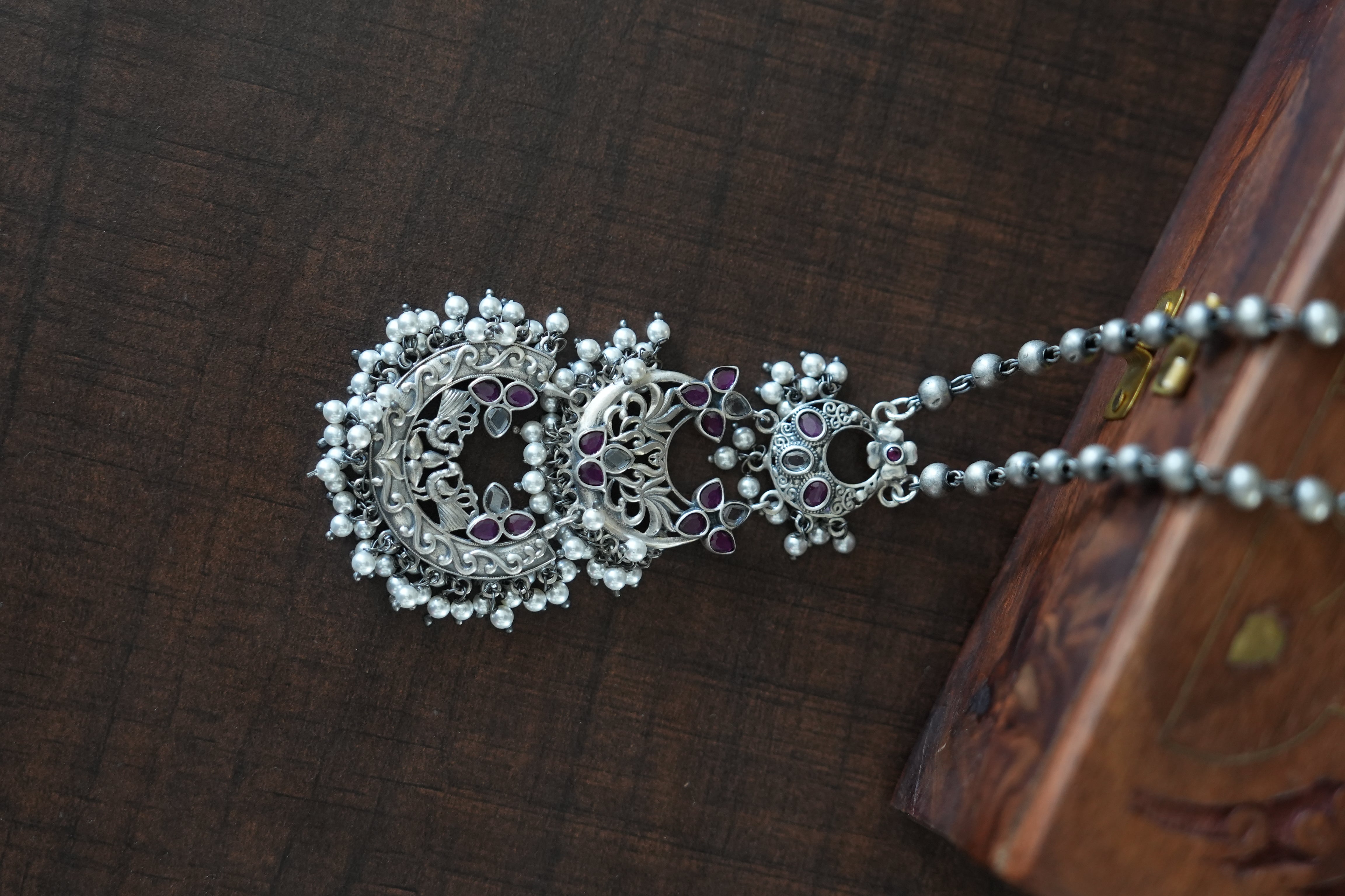 Triple Crescent Oxidised Silver Pendant with Purple Enamel and Pearls